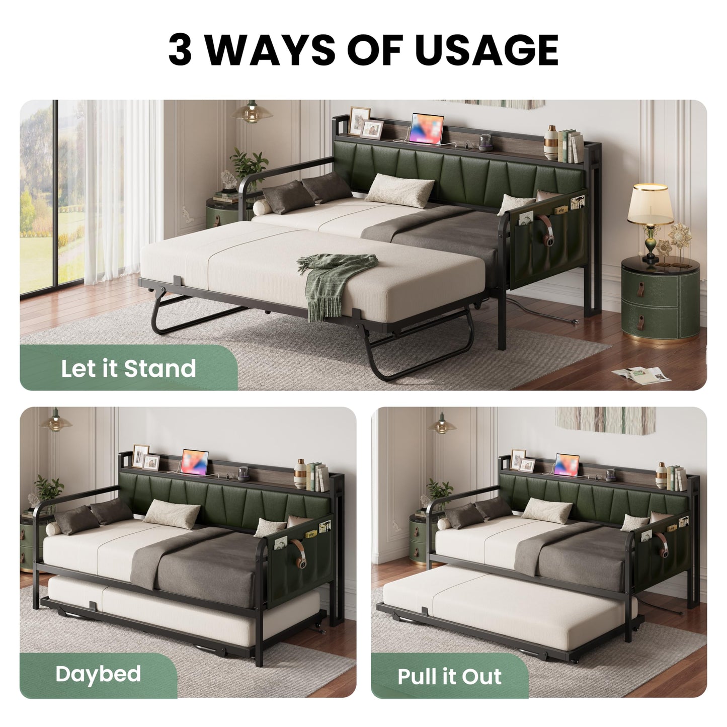LIKIMIO Twin Daybed, Day Bed with Trundle, Storage Upholstered Headboard and Charging Station, Trundle Bed with Strong Supports for Living Room, Bedroom, and Guest Room, Dark Green