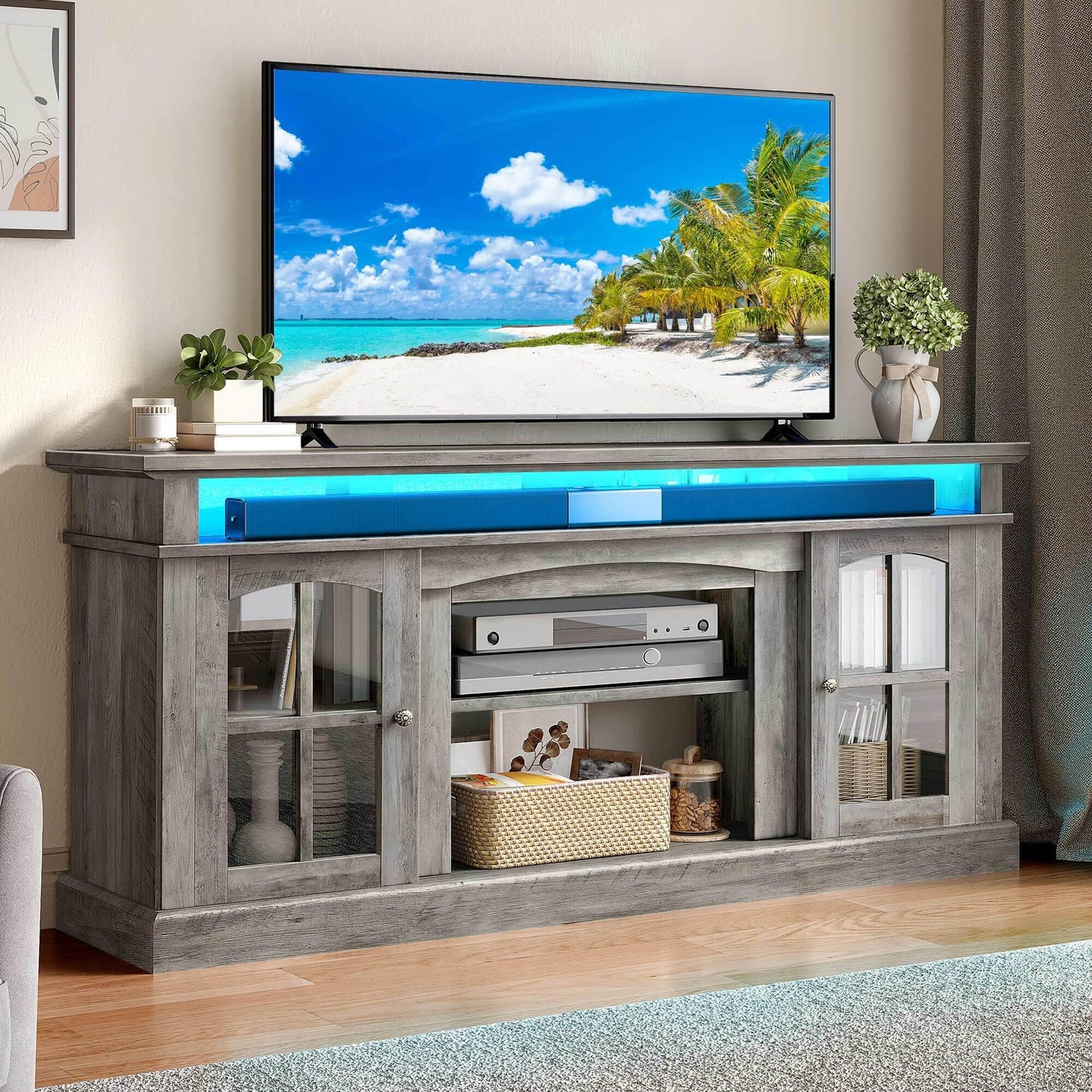 YITAHOME LED Farmhouse TV Stand for 75 Inch w/Outlets, Modern Entertainment Center with Glass Doors and Adjustable Storage Shelves, Media Console TV Cabinet for for Living Room, Grey