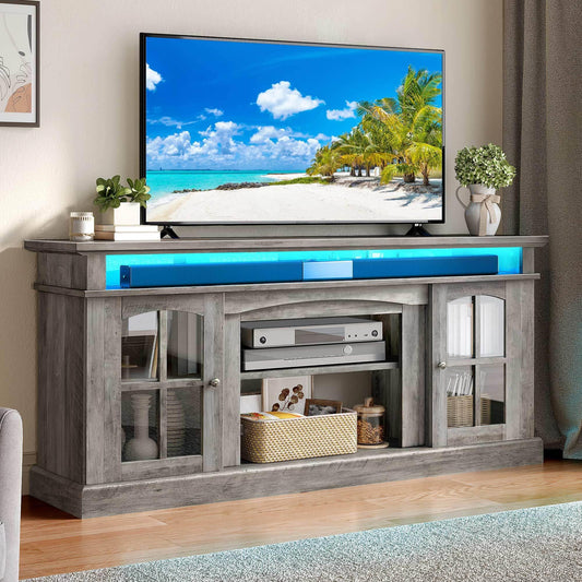 YITAHOME LED Farmhouse TV Stand for 75 Inch w/Outlets, Modern Entertainment Center with Glass Doors and Adjustable Storage Shelves, Media Console TV Cabinet for for Living Room, Grey