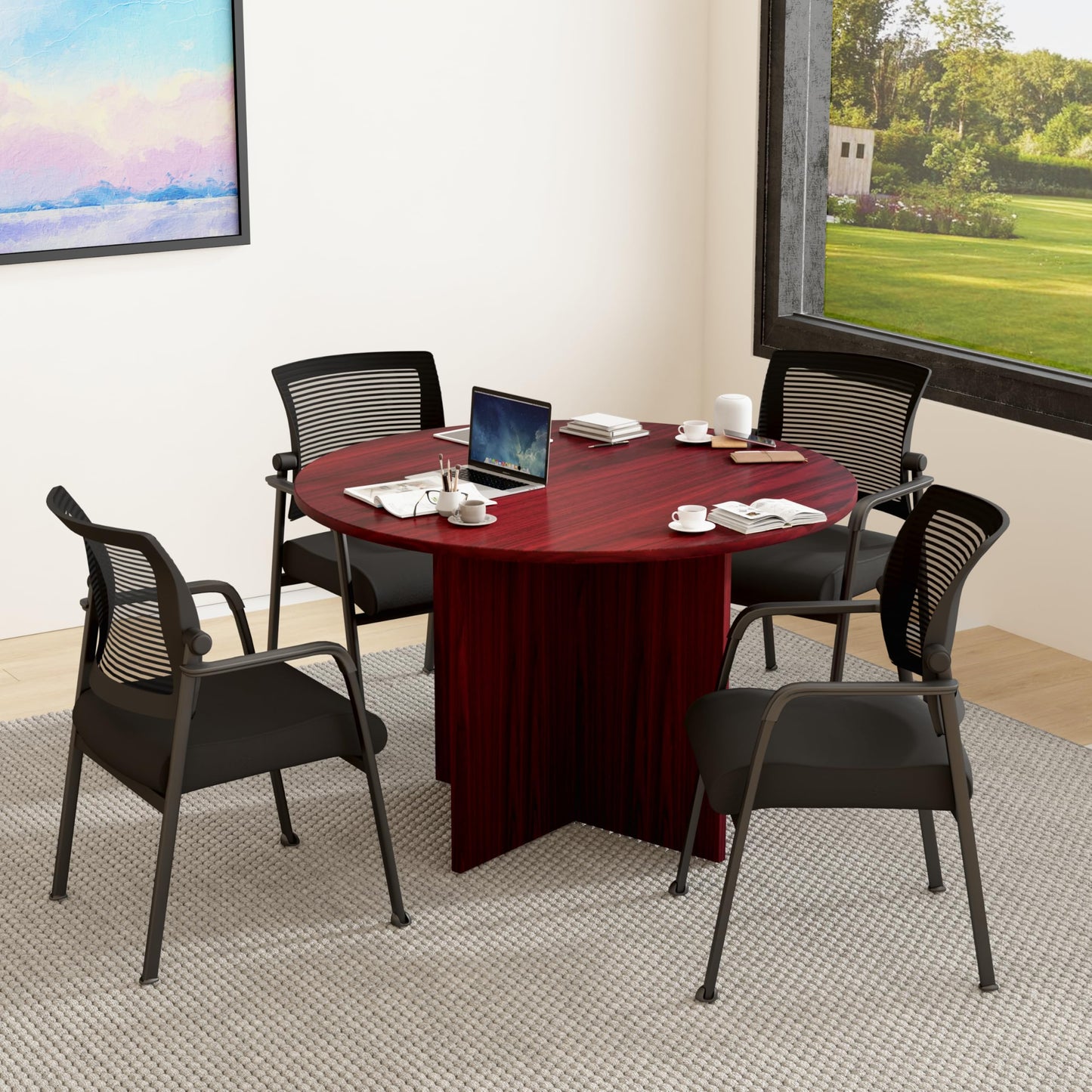 Boss Office Products 47" W Conference Table with 4 Mesh Guest Chairs, Mahogany