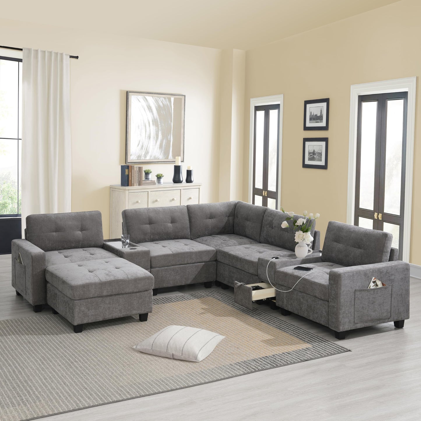 ERYE 104-Inch Oversized Tufted Corner Sectional Sofa 6 Seat Modular Convertible Sofa Couches W/Charging Station, Movable Ottoman, Storage Console,Drawers for Home/Apartment
