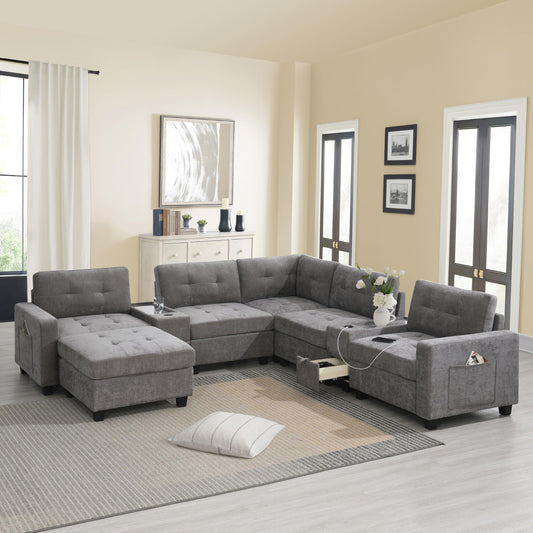 ERYE 104-Inch Oversized Tufted Corner Sectional Sofa 6 Seat Modular Convertible Sofa Couches W/Charging Station, Movable Ottoman, Storage Console,Drawers for Home/Apartment