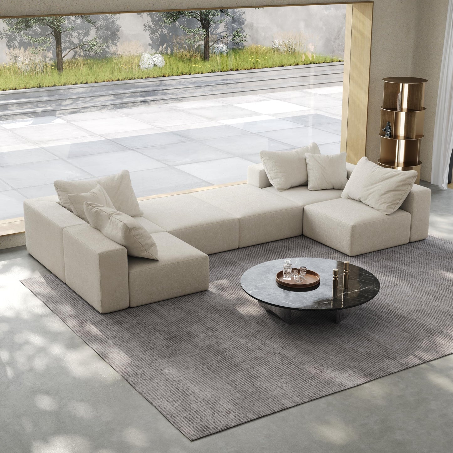 KEIKI Upholstered Sectional Sofa Set, 162" L Shaped Sponge Cloud Sofa, Sectional Couch with 6 Pillows, Chenille Sectional Couches for Living Room, Beige