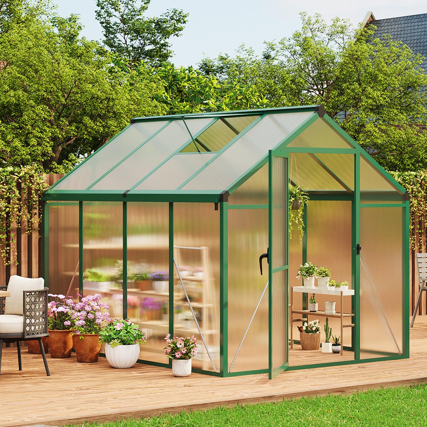 6×8 FT Greenhouse, Large Walk in Greenhouses for Outdoors and Garden Planting, Polycarbonate Greenhouse with Enhanced Aluminum Frame, Green Houses with Quick Setup Structure and Roof Vent, Green