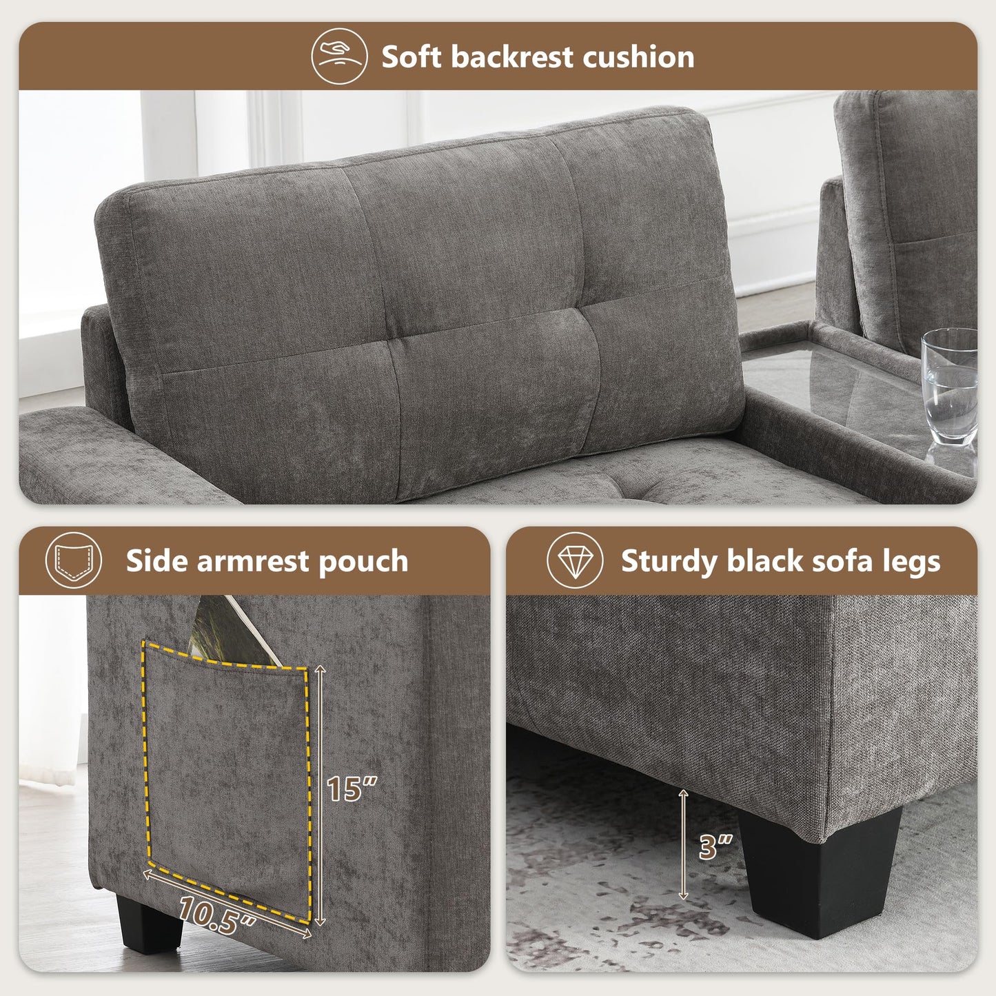 ERYE 104-Inch Oversized Tufted Corner Sectional Sofa 6 Seat Modular Convertible Sofa Couches W/Charging Station, Movable Ottoman, Storage Console,Drawers for Home/Apartment