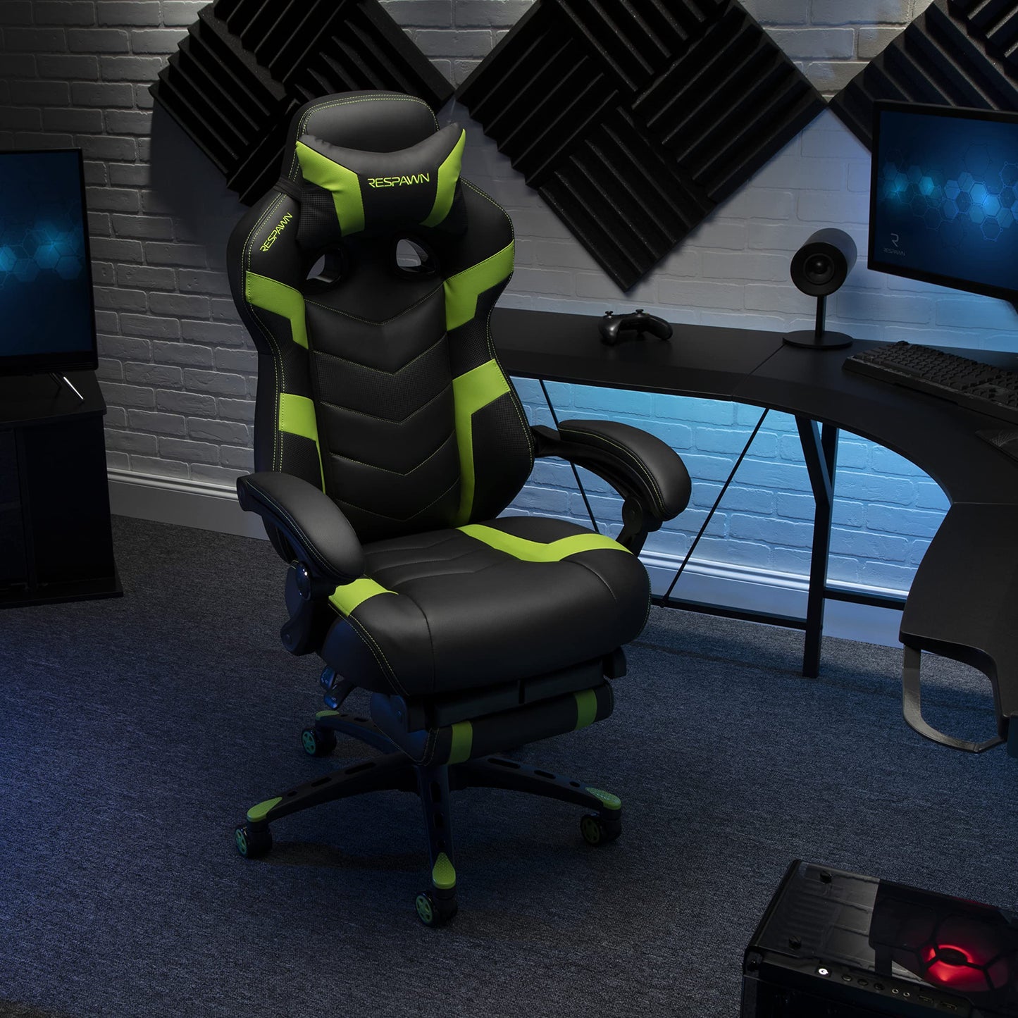Respawn 110 Pro Ergonomic Gaming Chair with Footrest for Adults - Comfortable Office Gaming Recliner with Lumbar Support and Headrest, Racing Style Video Game Chairs for Computer Gamer - Green