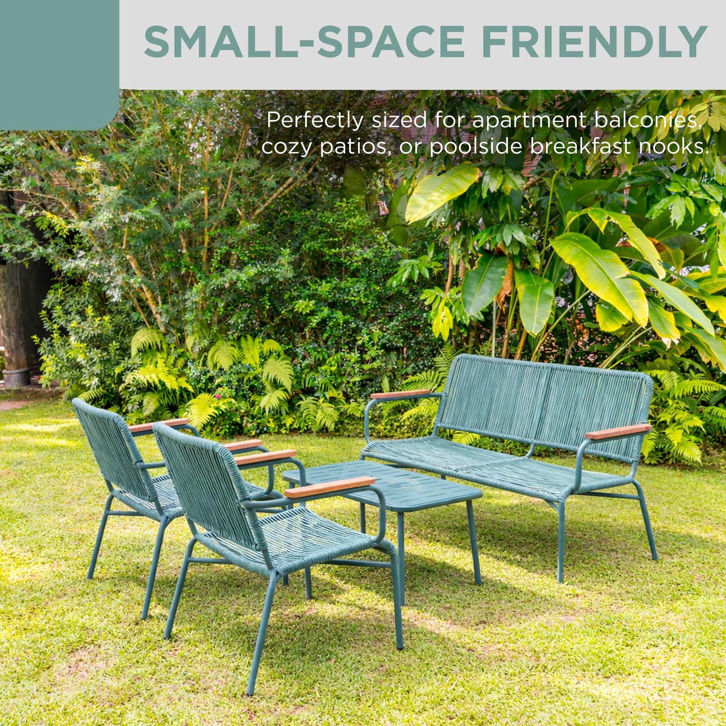 Alpine Corporation VTFAM170A 4-Piece Outdoor Rope Woven Patio Conversation Set – Sofa Bench, 2 Armchairs & Coffee Table – Modern Metal Frame with Wood Armrests – Indoor/Outdoor Seating Set
