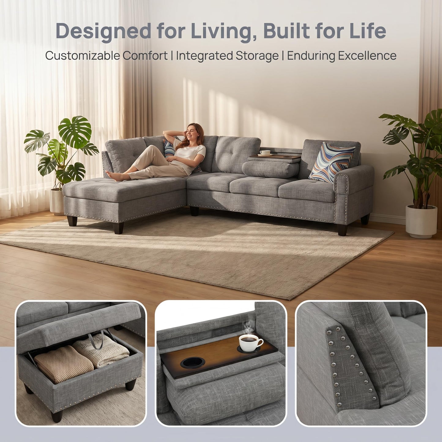Trygoal 97.5" Linen L Shaped Couch with Left Chaise & Cup Holder, Sectional Sofas Modular Furniture Set with Storage Ottoman, Convertible Couches for Living Room, Small Space & Office (Grey)