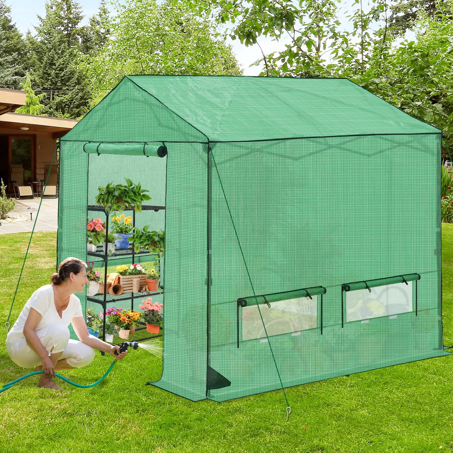 INTER HUT 8x8 Pop Up Greenhouse, Instant Walk in Green House with PE Cover, Power Ports, Roll up Doors & Windows for Indoor Outdoor Plant Growing, Green