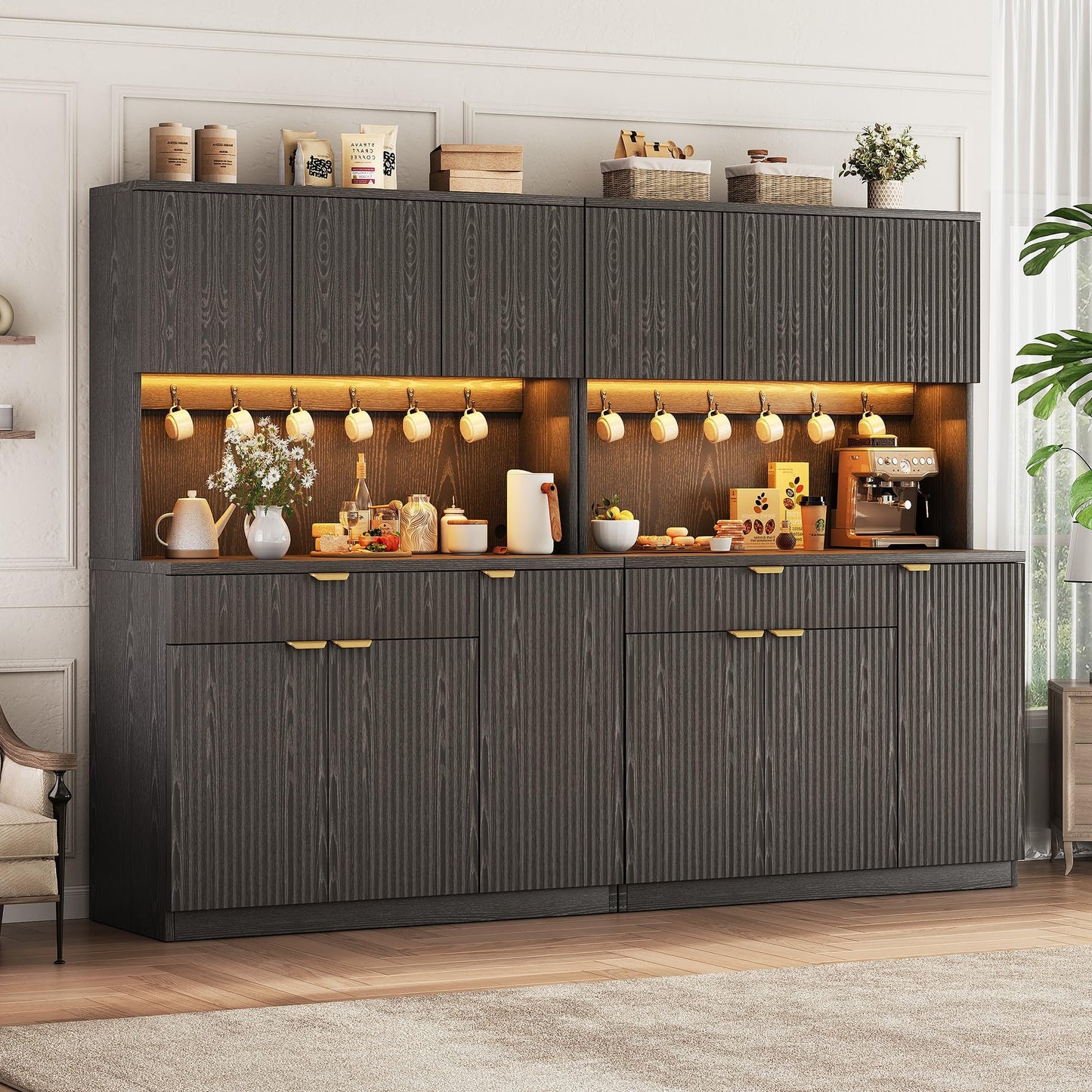 Fluted Kitchen Pantry Storage Cabinet with Charging Station/LED Light/Drawer/Doors/Shelves, 71'' Tall Kitchen Food Hutch with Microwave Stand for Dining Room Living Room (Black, 41 * 15.7 * 71)