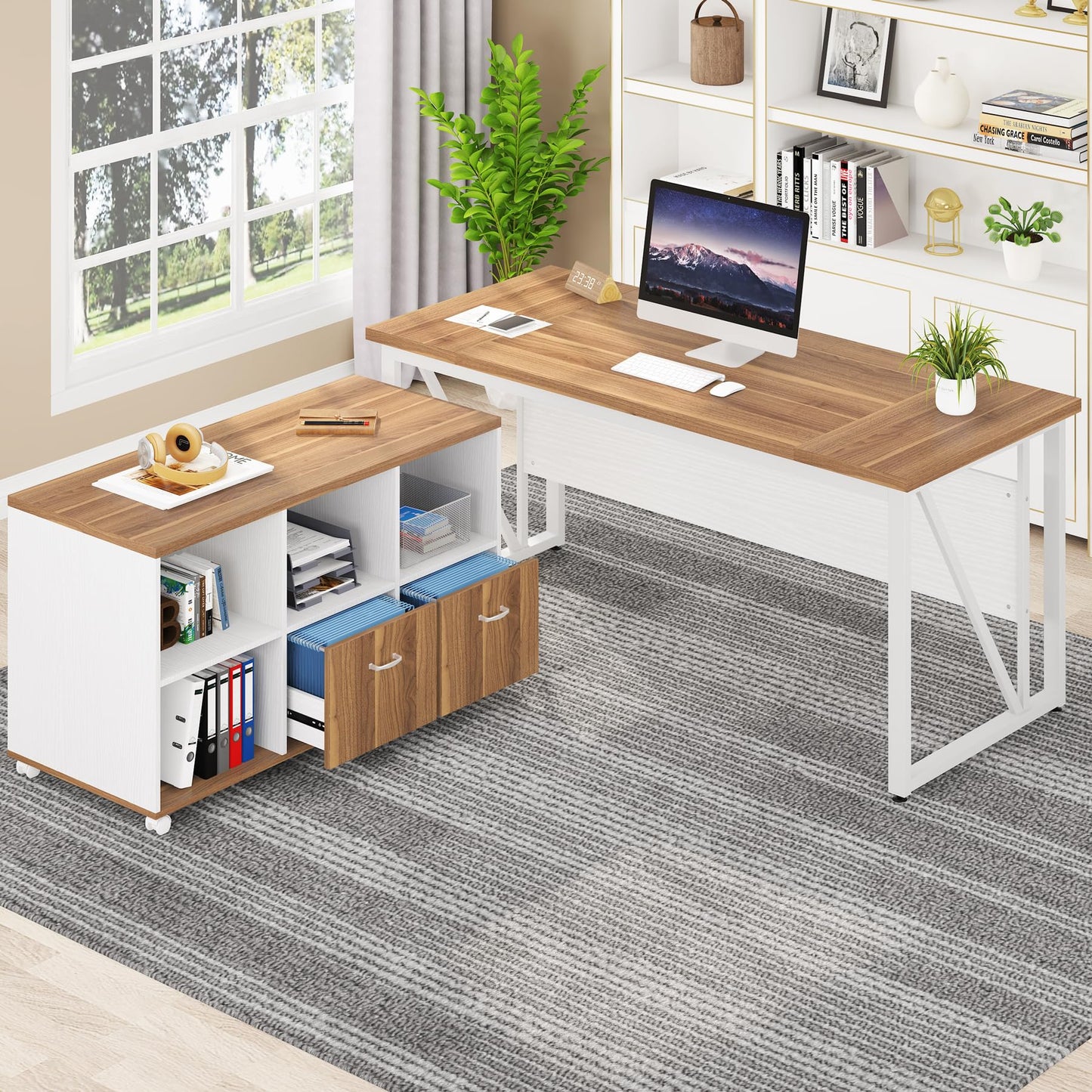 Tribesigns 63 inches Executive Desk and 47" lateral File Cabinet, L-Shaped Computer Desk Home Office Furniture Set with Drawers and Storage Shelves, Office Table with Cabinet (Walnut+White, 63)
