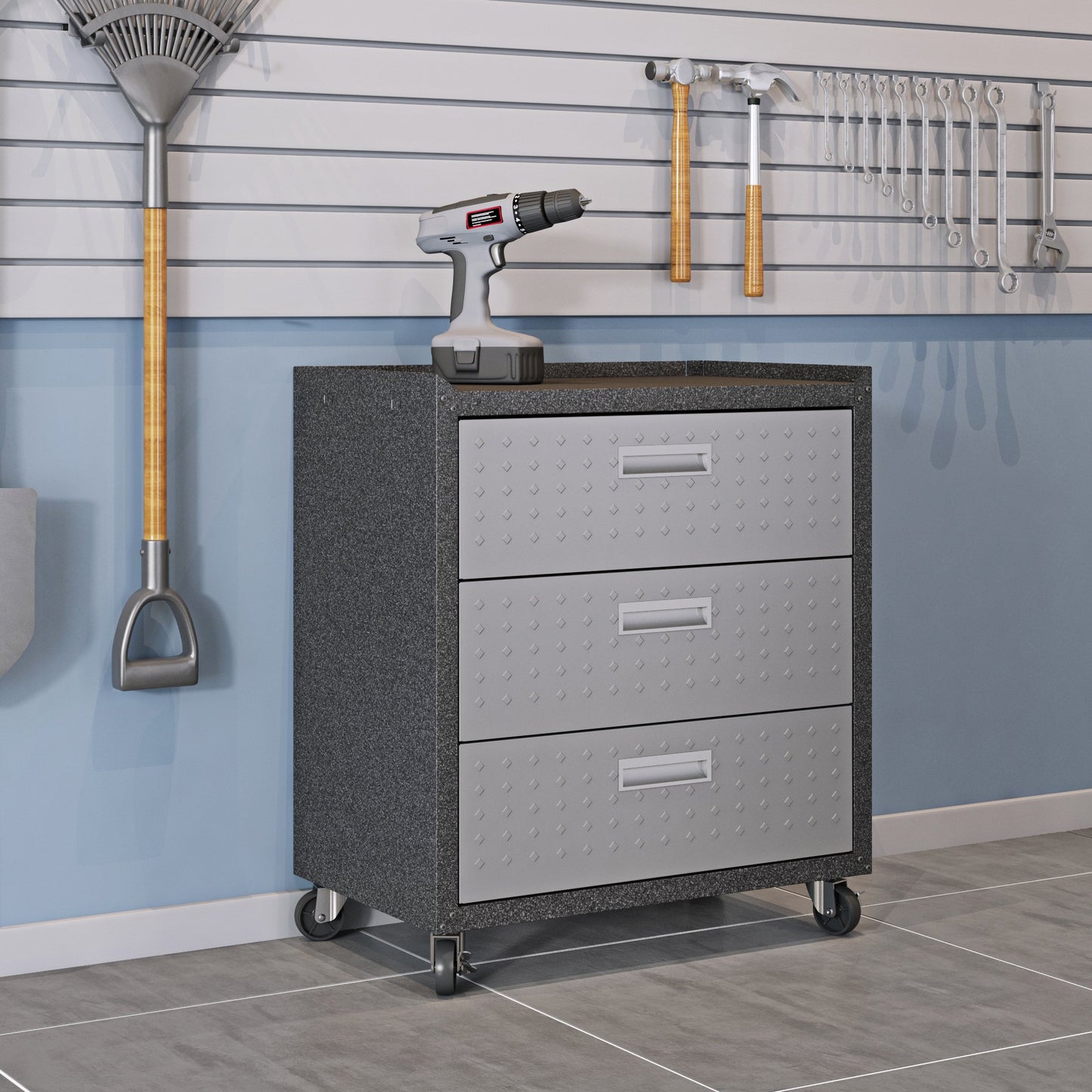Manhattan Comfort Fortress Collection Convenient Durable Mobile Garage Chest Great for Tools and Supplies, Dark Charcoal Gray/Silver