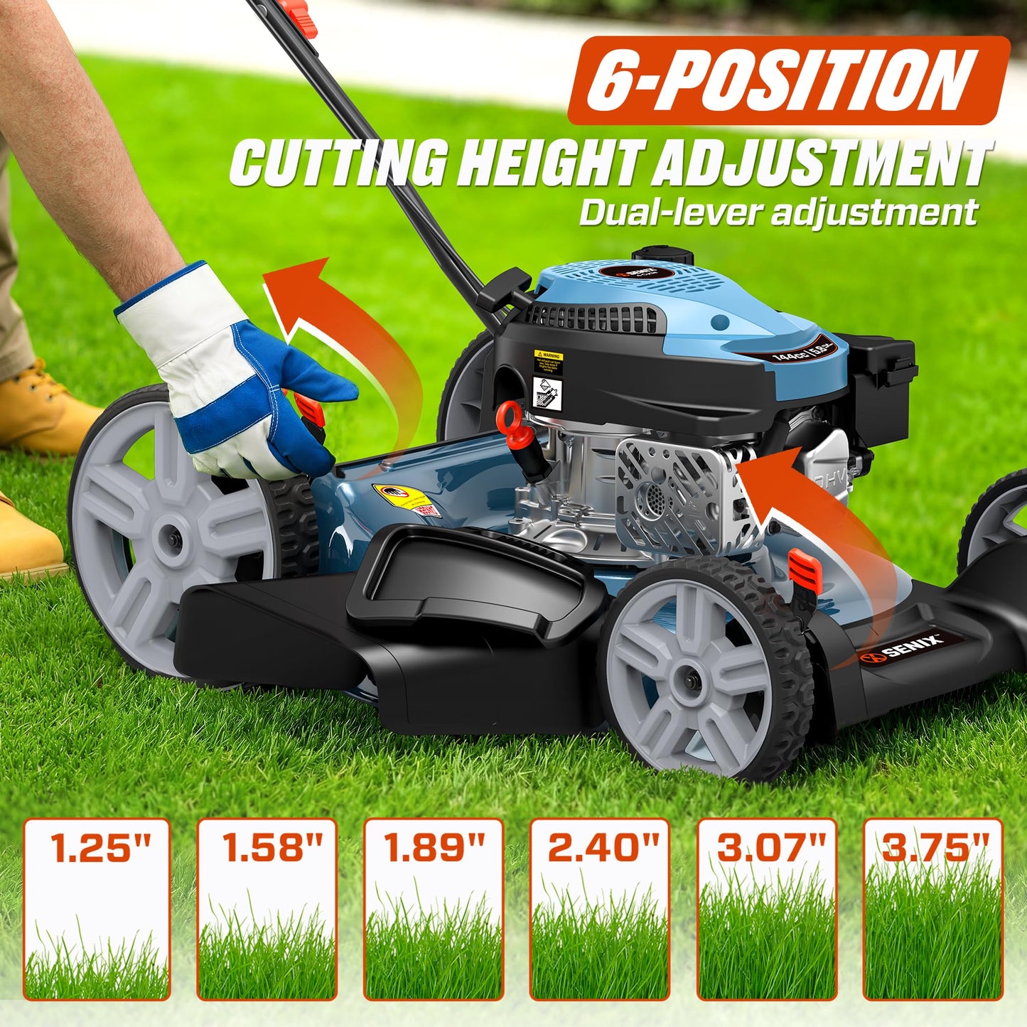 SENIX 21-Inch Gas Lawn Mower, 144CC 4-Cycle Engine Push Mower with Mulching & Side Discharge, 6-Position Cutting Height Adjustment, Residential Walk-Behind Mower for Yard & Garden