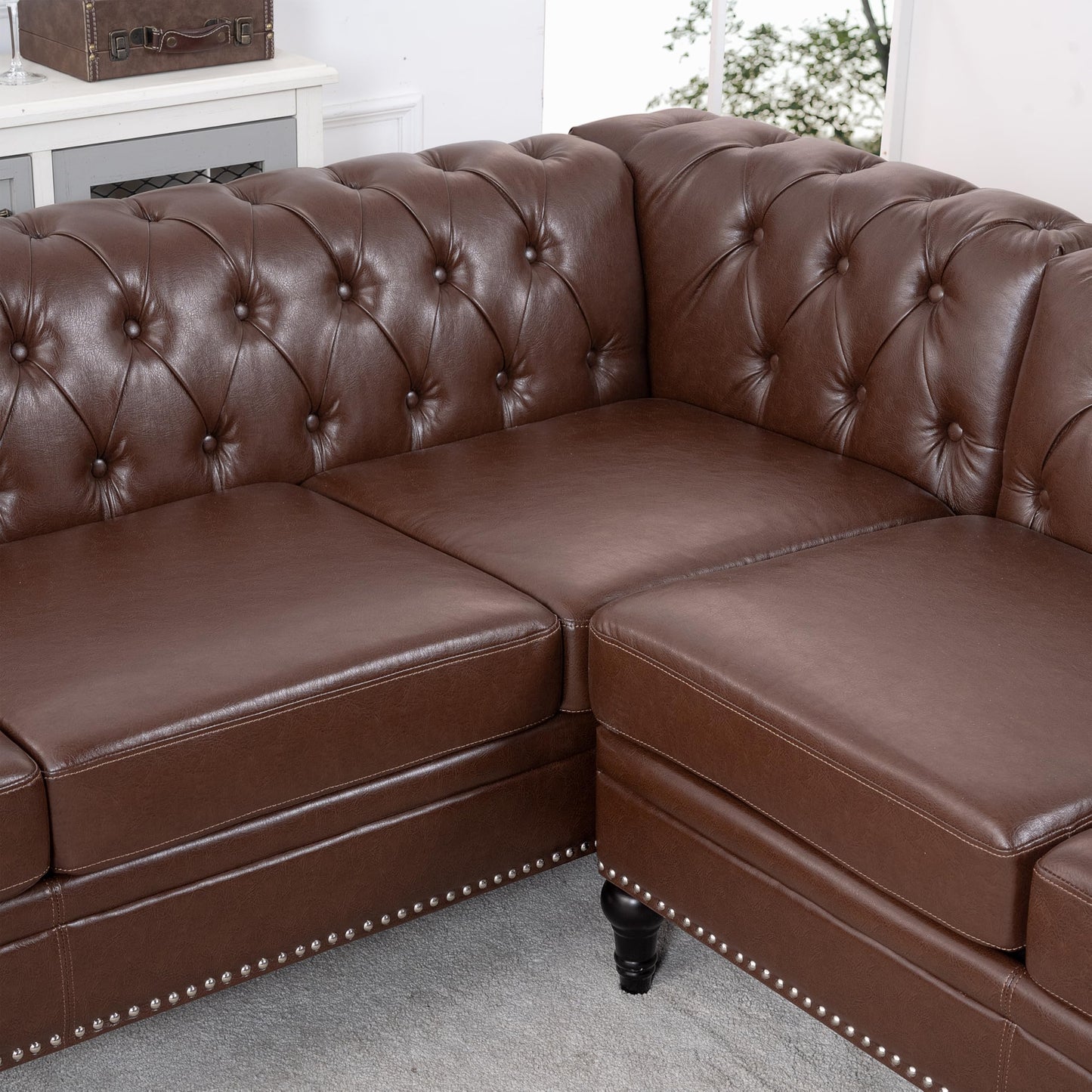 GDFStudio 85" x 85" L-Shaped Chesterfield Sectional Sofa, Tufted PU Leather Corner Couch with Rolled Arms, 5 Seat Mid-Century Modern Sectional Sofas & Couches for Living Room Bedroom, Dark Brown