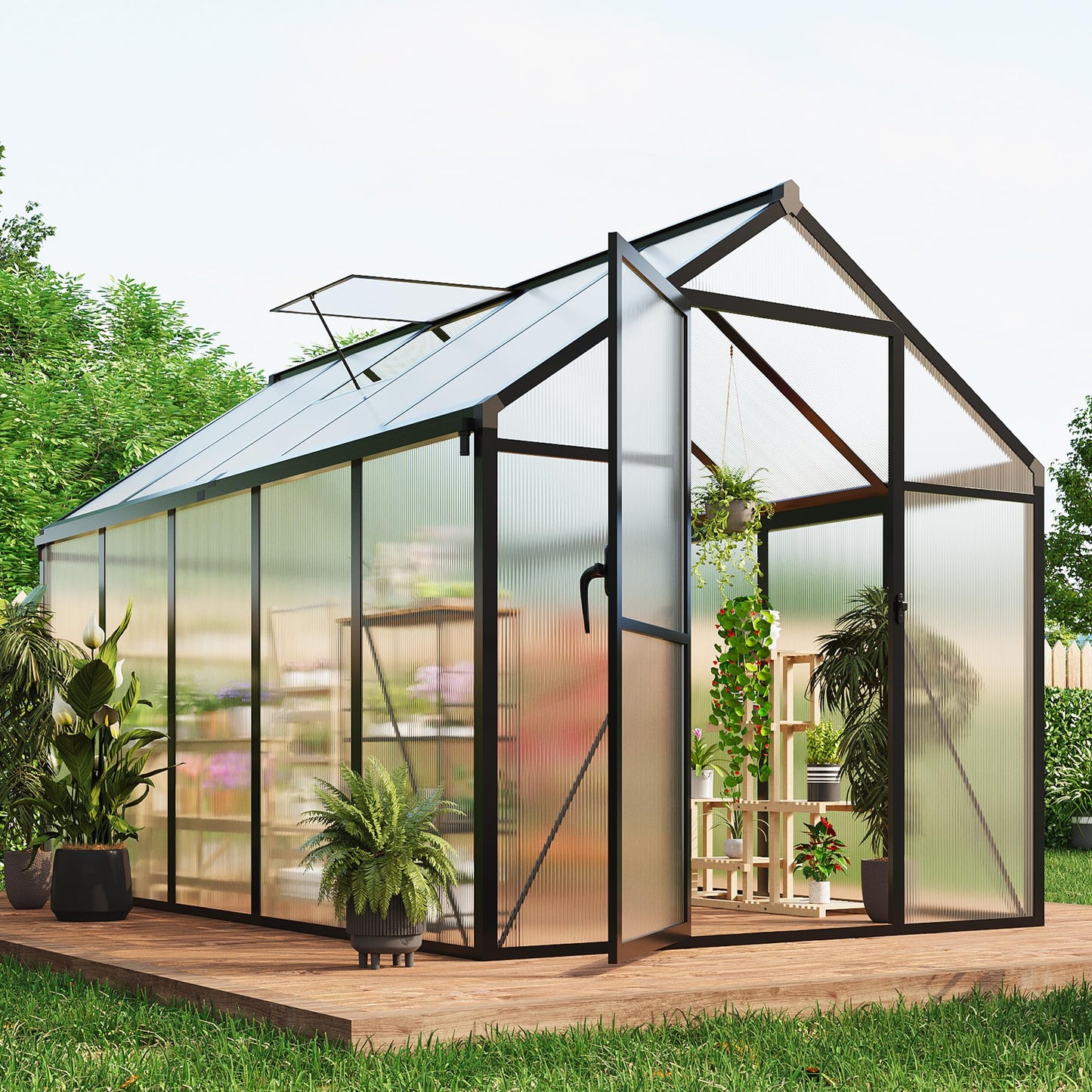 6x10 ft Walk-in Greenhouse, Polycarbonate Panels with Reinforced Aluminum Frame, Large Garden Green House for Planting and Seed Starting, Quick-Assembly Structure with Adjustable Roof Vent