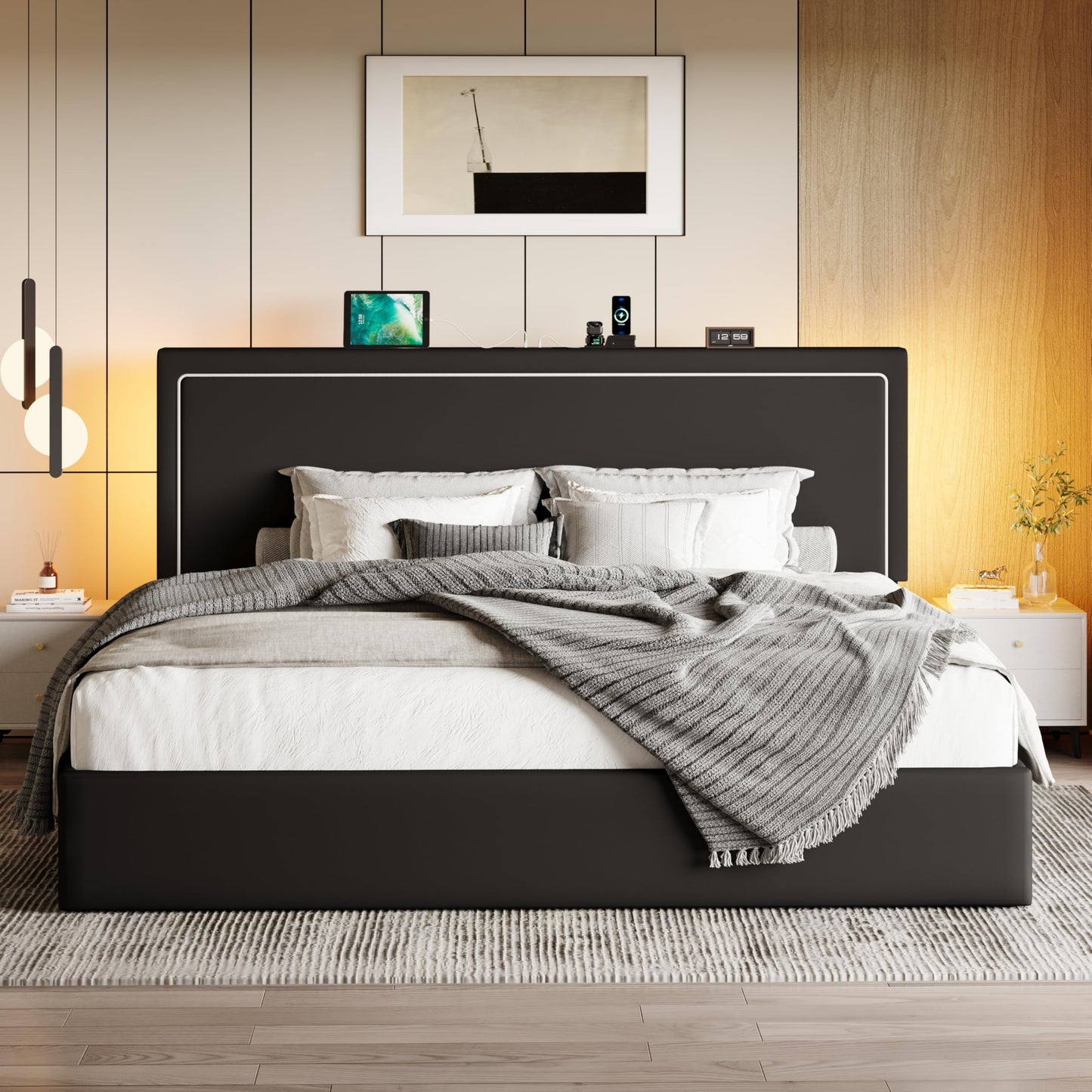 SHA CERLIN King Size Hydraulic Lift-Up Storage Platform Bed Frame with Charging Station, RGB LED Lights, Adjustable Velvet Headboard, USB-A and USB-C Ports, No Box Spring Needed, Black
