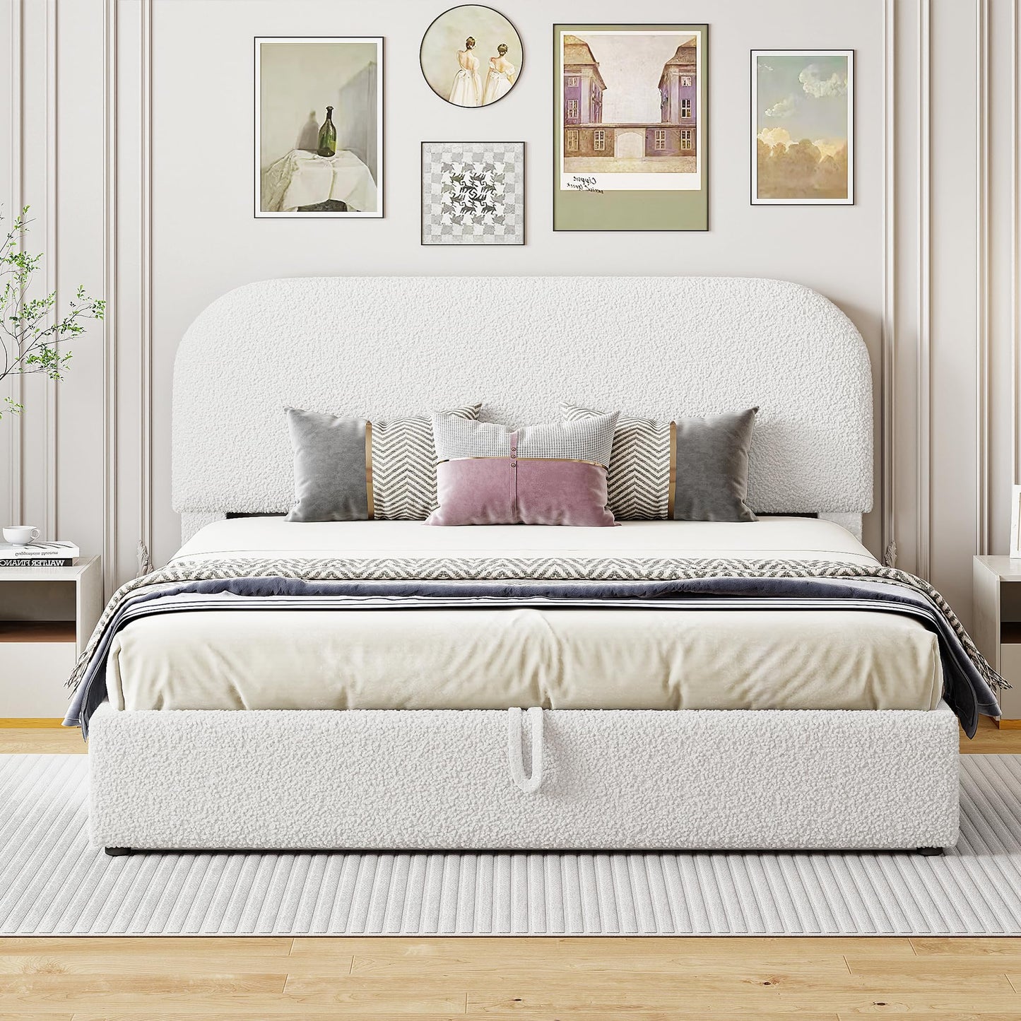 Merax Teddy Fleece Queen Size Upholstered Platform Bed with Hydraulic Storage System, White