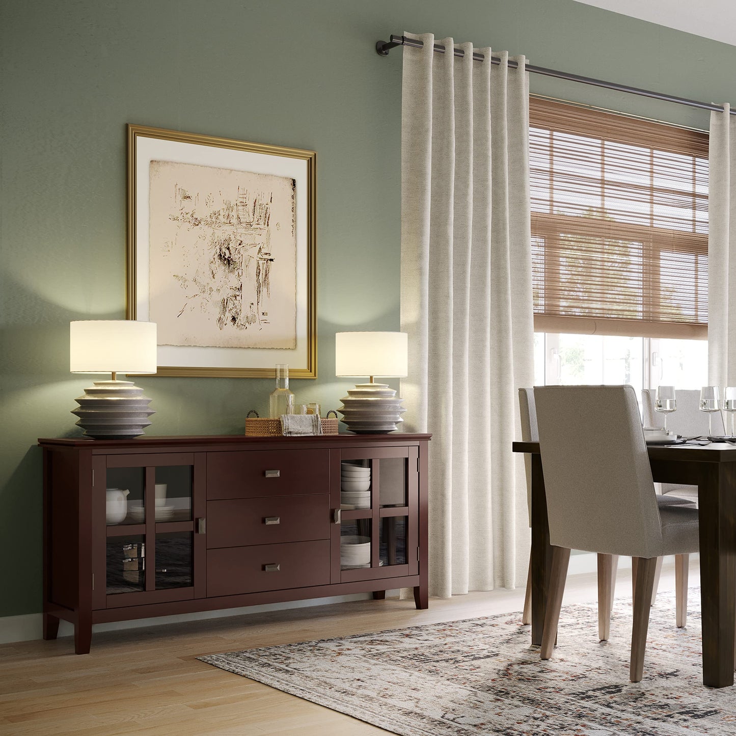 SIMPLIHOME Artisan Buffet - 60 inch Wide Solid Wood 3-Door Sideboard Buffet in Russet Brown, Contemporary Storage Cabinet for Dining Room or Kitchen with Adjustable Shelves and Bronze Hardware