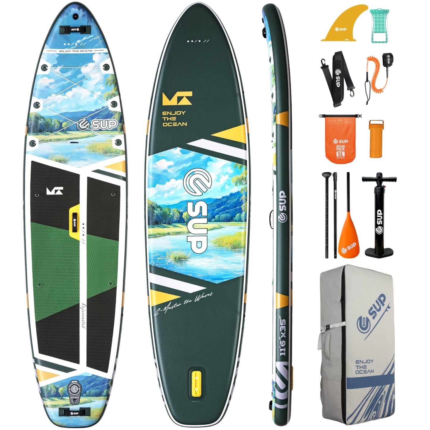 ESUP 11’6 ×34" Wide Inflatable Paddle Board with SUP Accessories, Extra Stable Stand Up Paddleboard for 2+1 Persons/Family/Beginner/Yoga, w/Shoulder Strap All-Round Sup Paddle Boarding (Greenery)