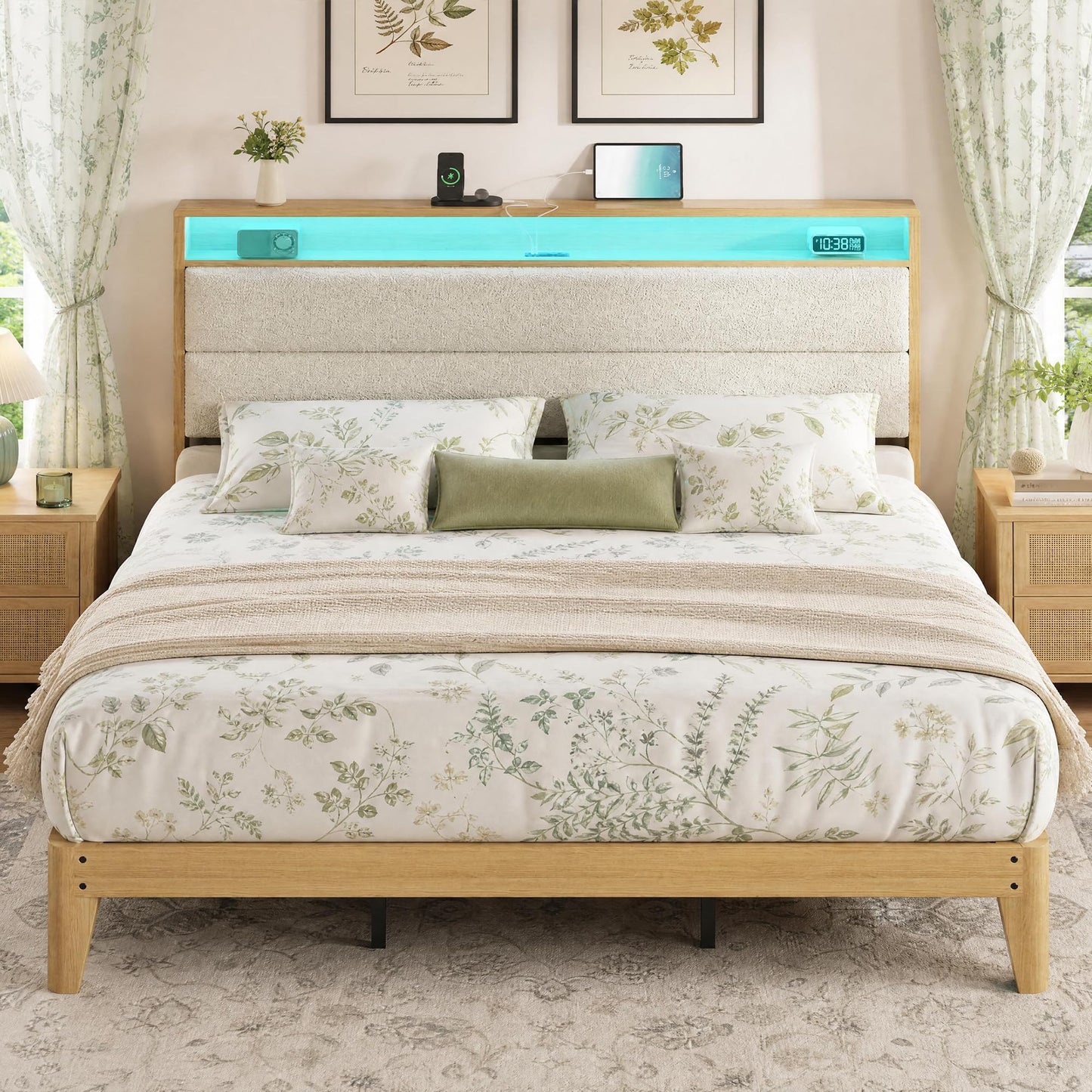 Garvee King Size Bed Frame with Storage Headboard, LED Boucle Bed Frame with Charging Station, Upholstered Platform Bed, No Box Spring Needed, Easy Assembly, Wooden Slats, Cream