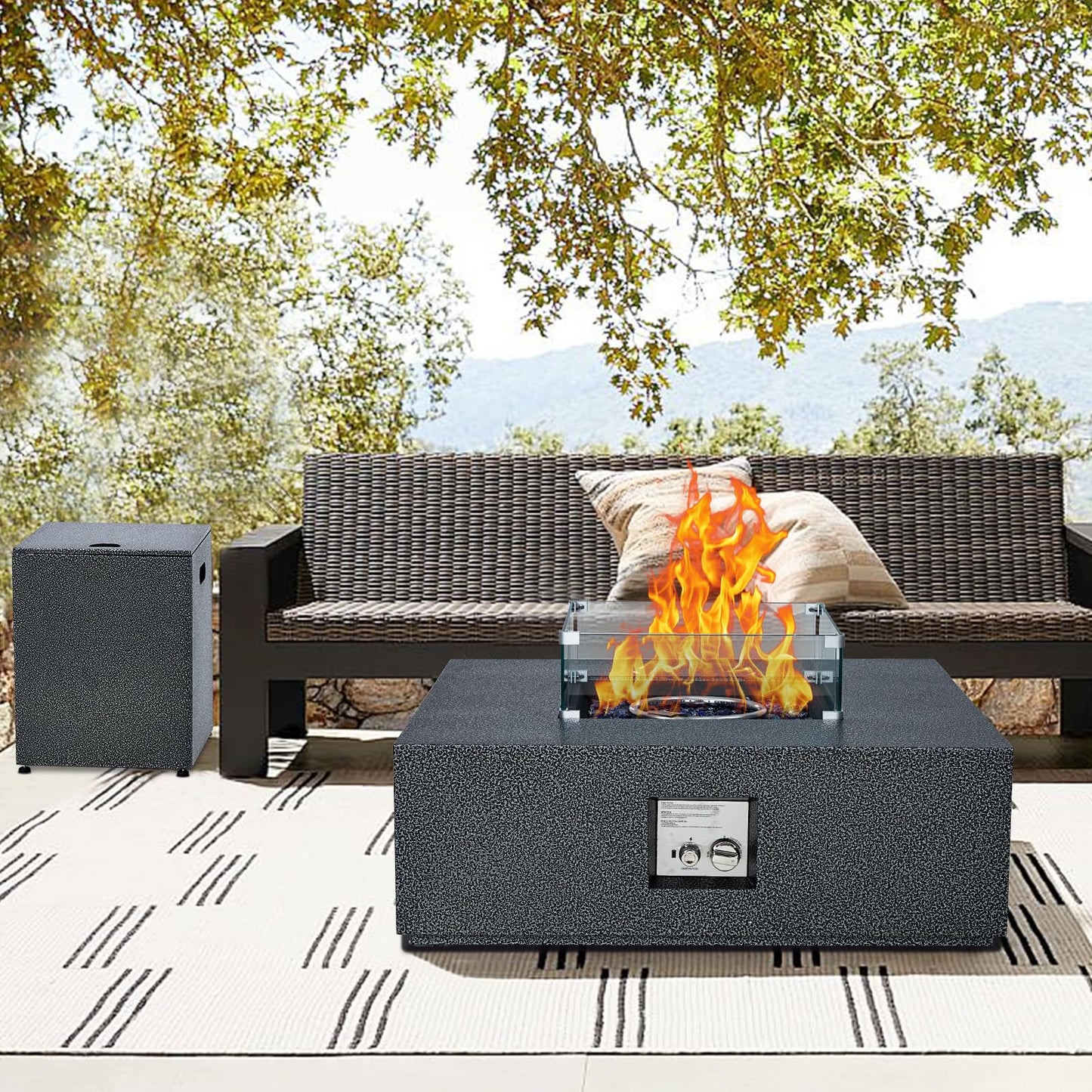 2-Piece Outdoor Propane Firepit Table Set w Tank Table, 36 inch Square Fire Table 50,000 BTU w 16 inches Tank Side Table, Wind Guard, Lava Rocks & Rain Cover for Garden, Pool, Porch, Backyard