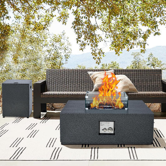 2-Piece Outdoor Propane Firepit Table Set w Tank Table, 36 inch Square Fire Table 50,000 BTU w 16 inches Tank Side Table, Wind Guard, Lava Rocks & Rain Cover for Garden, Pool, Porch, Backyard