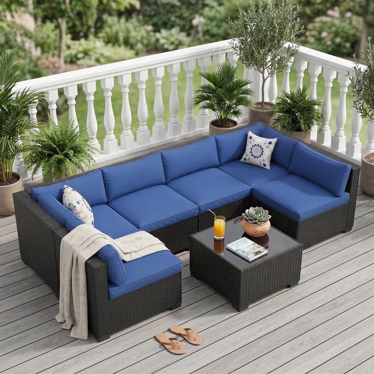 Patio Furniture Sets, 7-Piece Outdoor Sectional Sofa Set with Storage Table & Ottoman, All-Weather PE Wicker Conversation Set for Patio, Backyard & Poolside