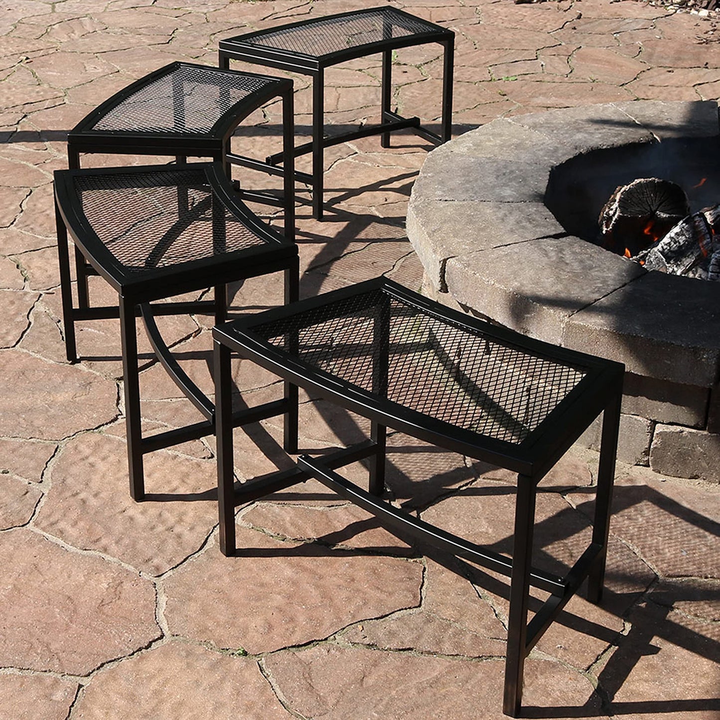Sunnydaze Mesh Outdoor Curved Bench - Metal Patio Bench Set - Heavy-Duty Outdoor Seats for Backyard or Fire Pit - Black - Set of 4
