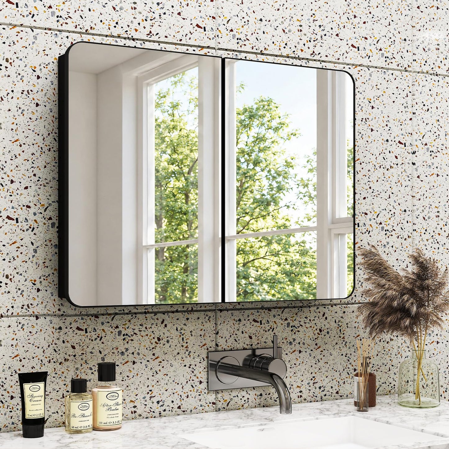 Venlus Black Double Door Medicine Cabinet with Mirror, 32 x 24 Inch Fully Assembled Recessed or Surface Mount Bathroom Medicine Cabinet, Metal Mirrored Cabinet with Adjustable Storage Shelves