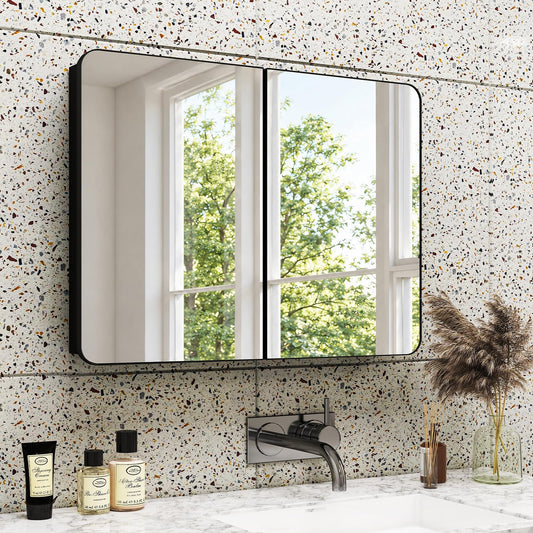 Venlus Black Double Door Medicine Cabinet with Mirror, 32 x 24 Inch Fully Assembled Recessed or Surface Mount Bathroom Medicine Cabinet, Metal Mirrored Cabinet with Adjustable Storage Shelves