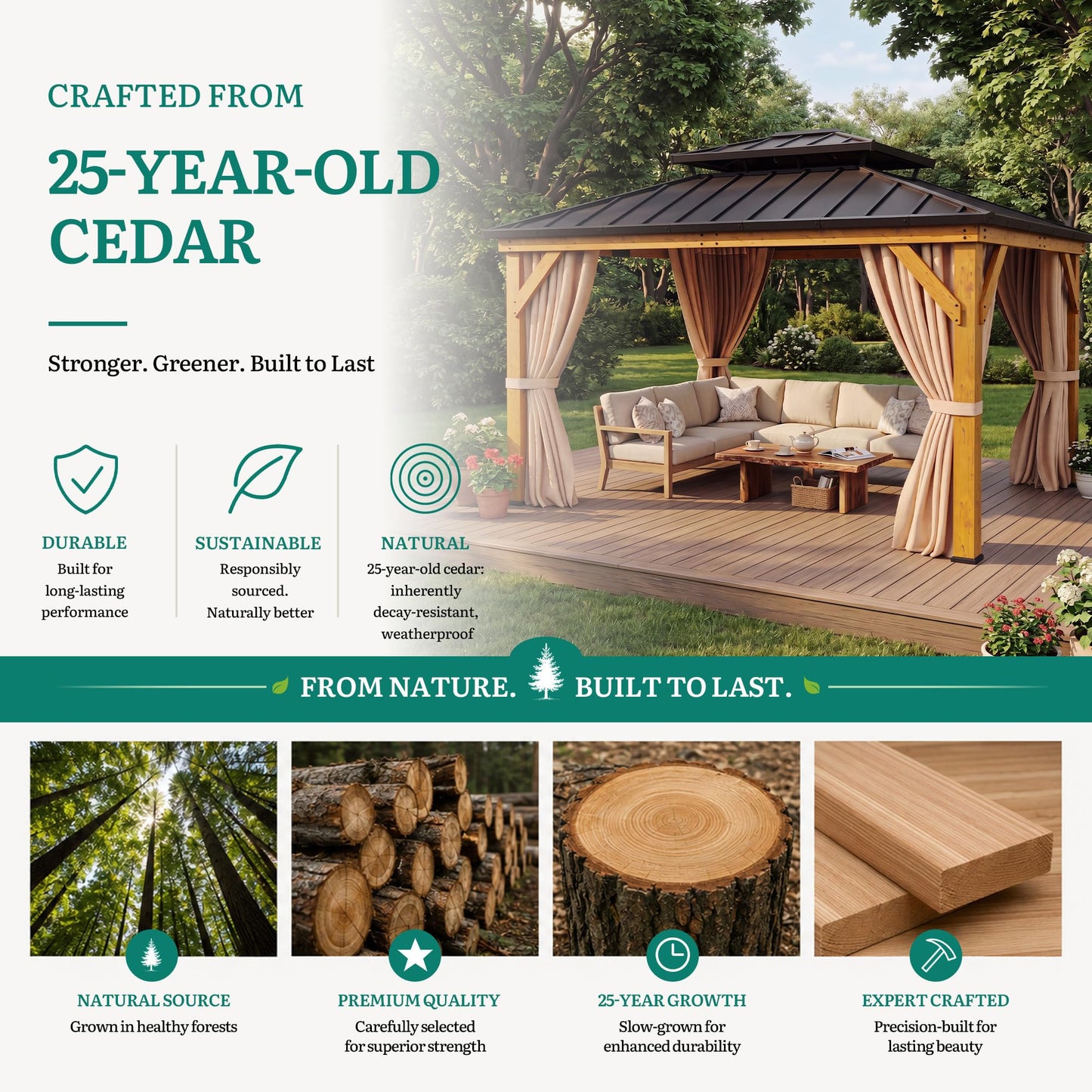 YITAHOME 13x15ft Wood Gazebo Outdoor Wooden Frame Double Roof Hardtop Galvanized Steel Top Canopy w/Curtain and Netting, Patio Heavy Duty Gazebo for Deck, Backyard, Golden