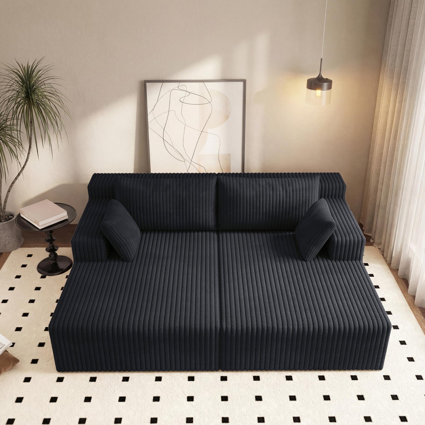 71-Inch Fluffy Corduroy Boneless Sleeper Daybed Loveseat Double Recliner Chaise Lounge Sofa Couches, Floor Cloud Sofa Chaise W/4 Pillows for Home Apartment Living Room
