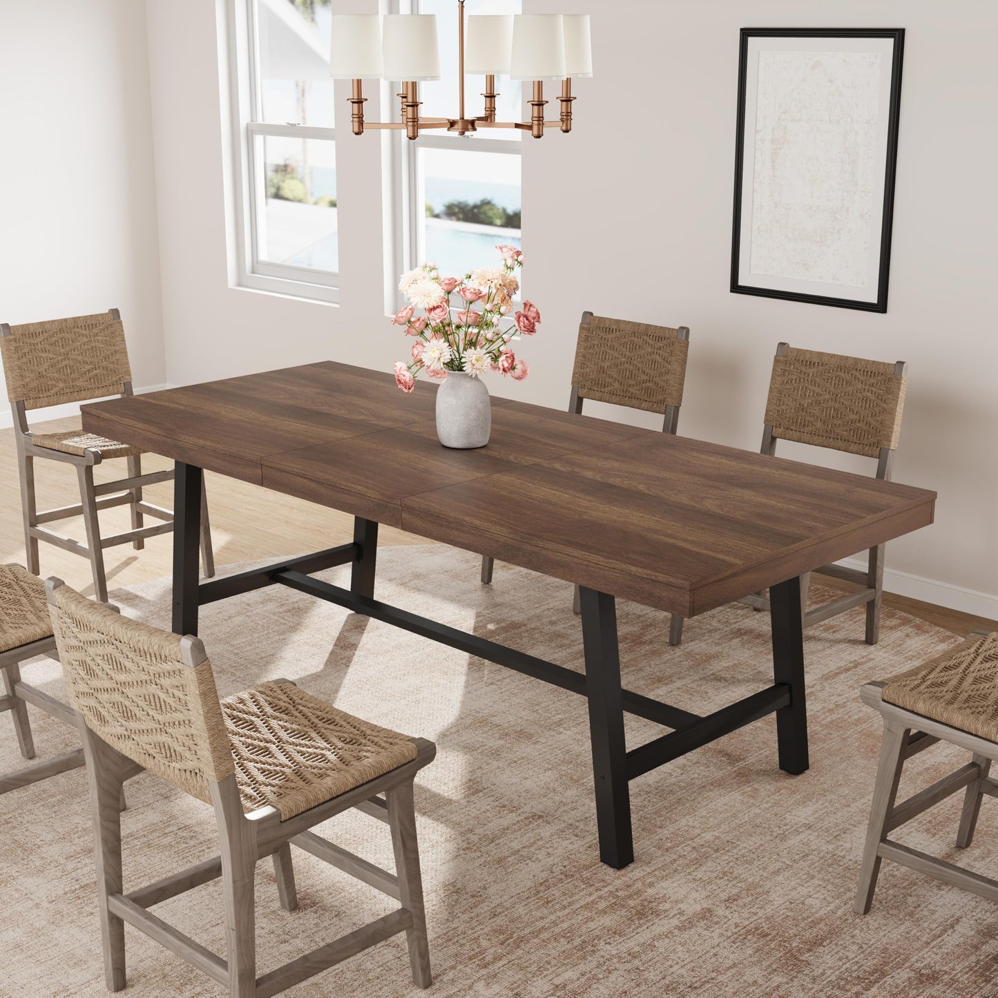 GarveeHome 63-83" Extendable Dining Table, Industrial Rectangular Dining Room Table for 6-8 People, Expandable Kitchen Table with Heavy Duty Metal Frame for Dining Room, Kitchen & Parties, Brown