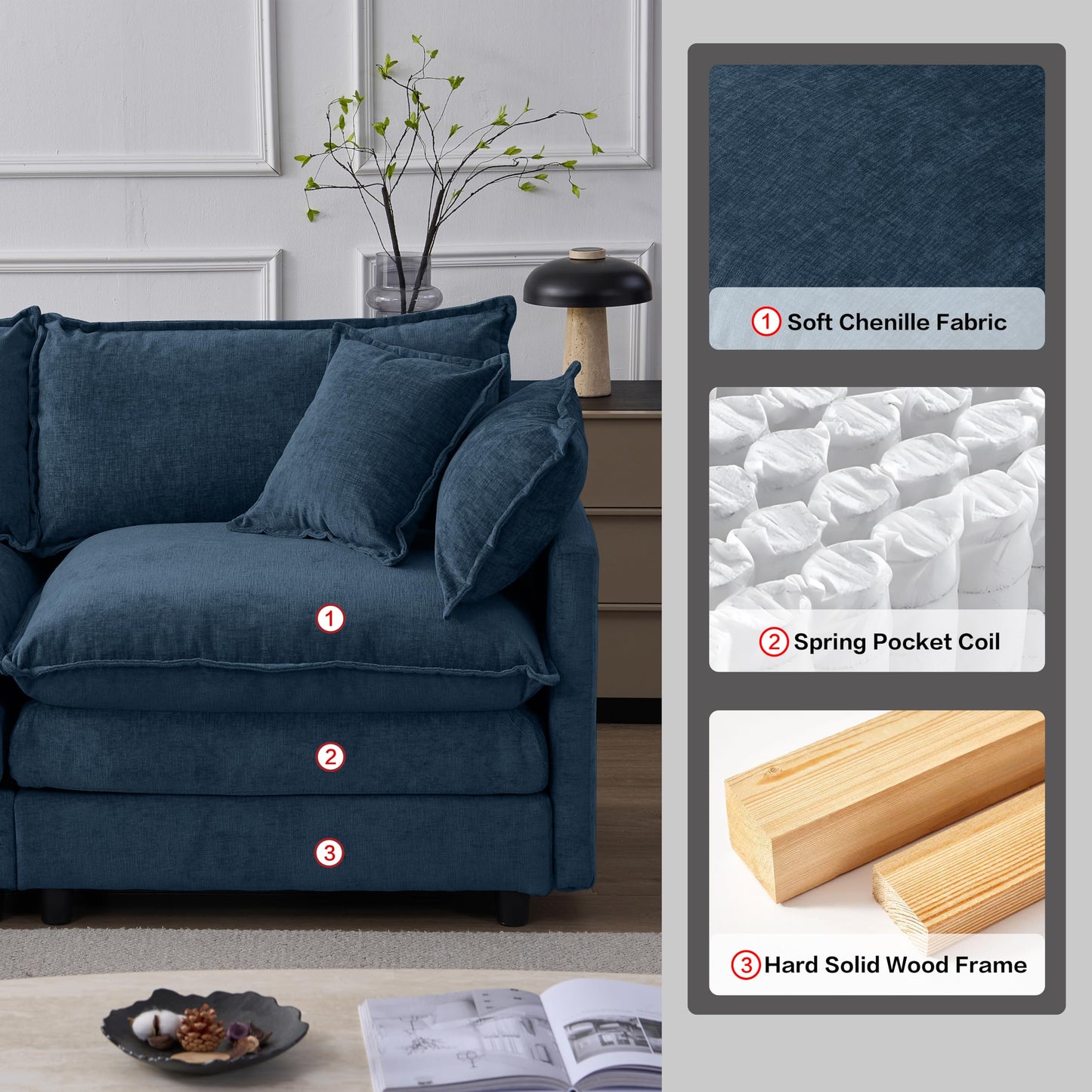 KEIKI 3 Seater Chenille Modular Sectional Couch Sofa with Ottoman, Double-Layer Seat Cushions & Back Cushions, Modern L-Shape Upholstered Cloud Soft Sofa Couches Chaise Lounge for Living Room