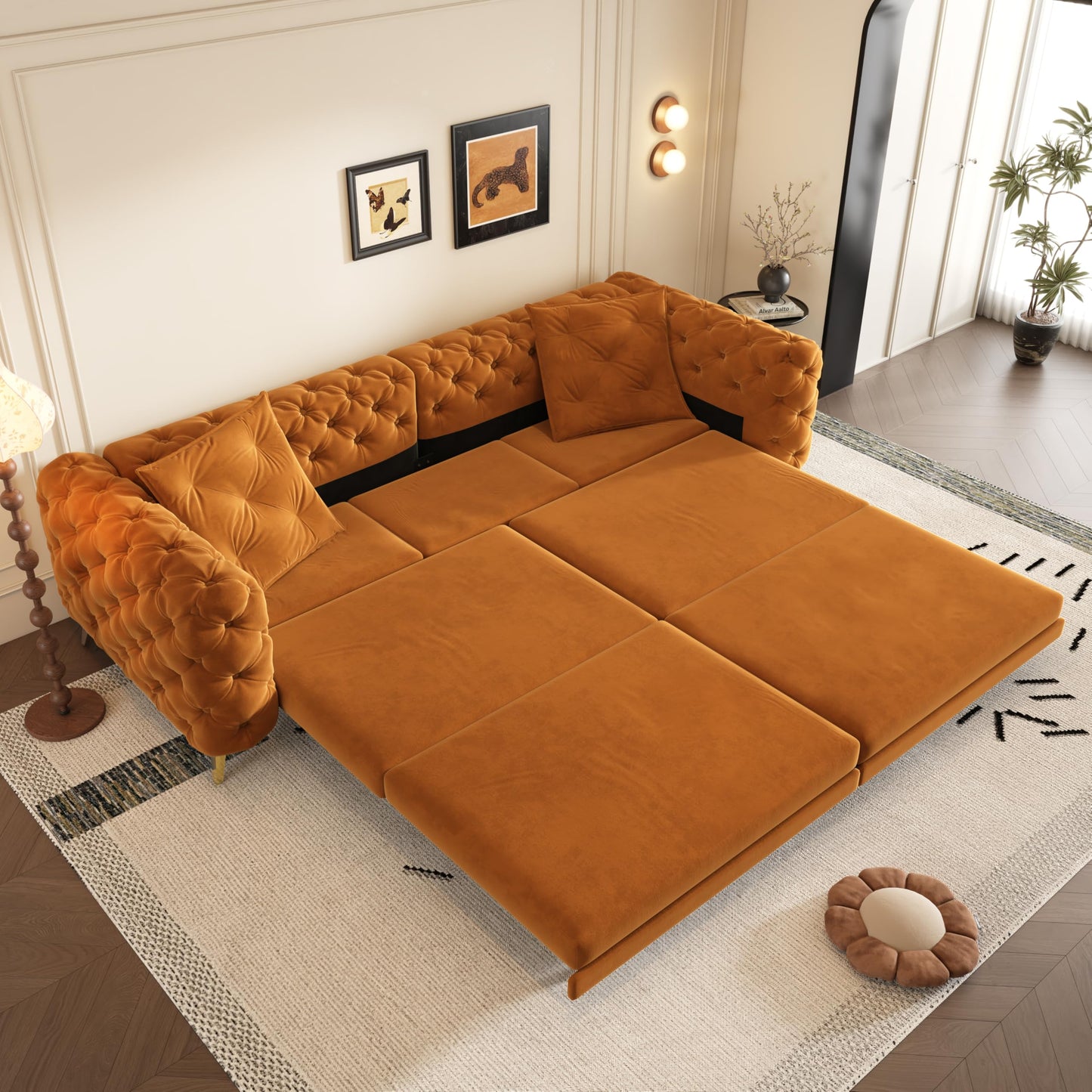Ball & Cast 3-in-1 Convertible Sleeper Sofa with Movable Ottoman,97.7" Velvet Pull Out Sofa Bed, Modern Button Tufted 4-Seater Sofa Couch with Deep Seat for Living Room, Apartment,Office,Orange