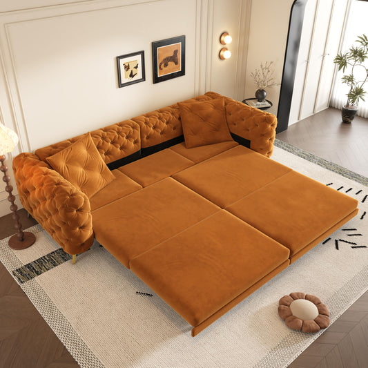 Ball & Cast 3-in-1 Convertible Sleeper Sofa with Movable Ottoman,97.7" Velvet Pull Out Sofa Bed, Modern Button Tufted 4-Seater Sofa Couch with Deep Seat for Living Room, Apartment,Office,Orange