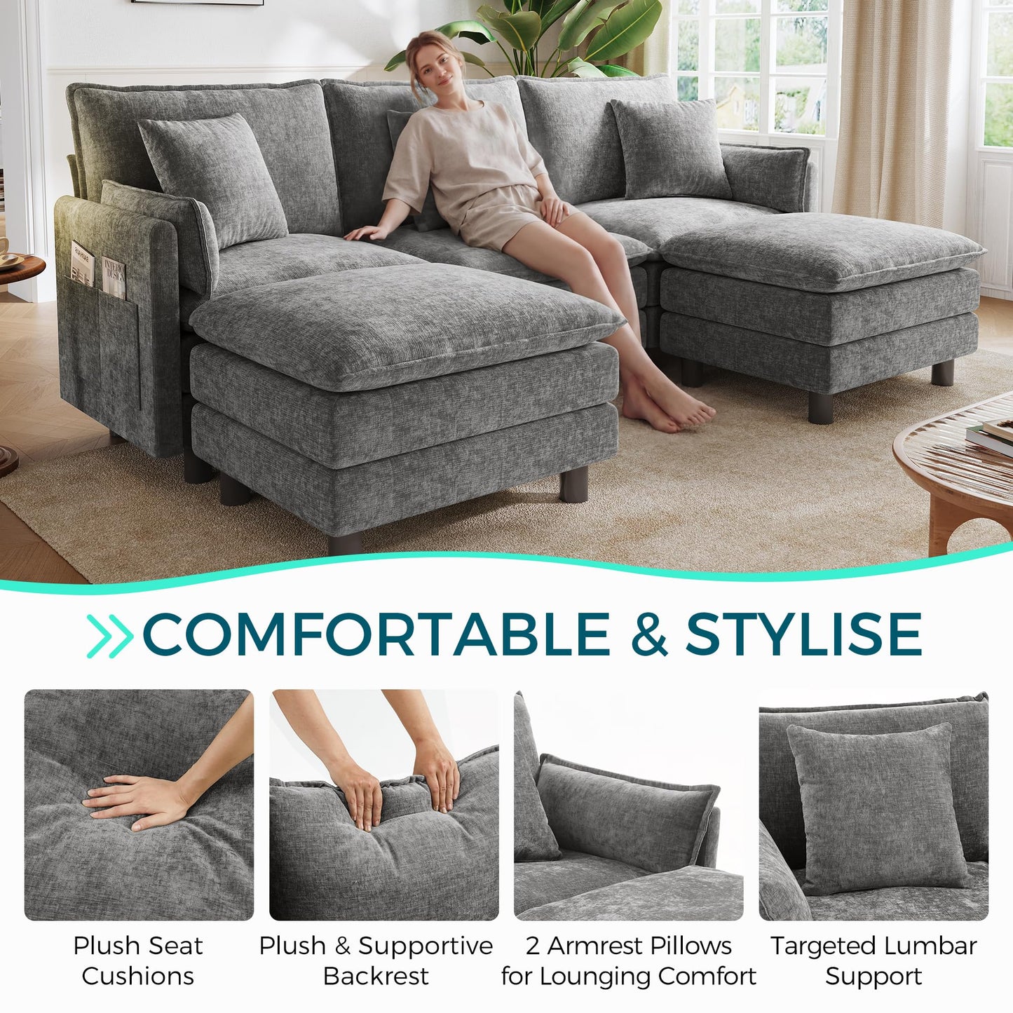 LINSY HOME 98'' Modular Sectional Sofa 3 Seat Couch Chenille Cloud Couch with Deep Seat, U Shaped Couch with 2 Movable Ottoman for Living Room, Office, Bedroom, Grey(Pillows Included)