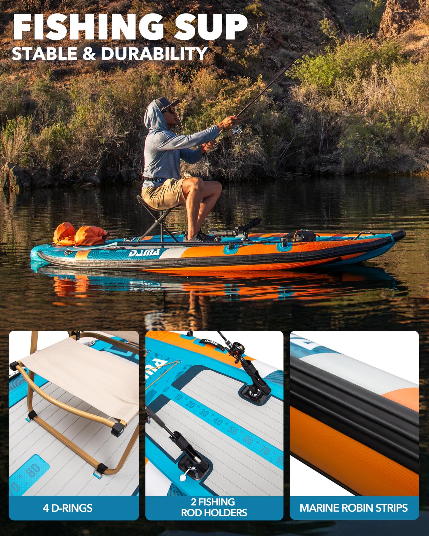 DAMA Triple Chamber SUP Inflatable Stand Up Paddle Board 10'8"*47", Extra Wide Paddle Boards for Adults, Fishing Paddle Board with 3 Removable Fins, 2 Fishing Rod Holders, Kayak Paddle,Portable Bag