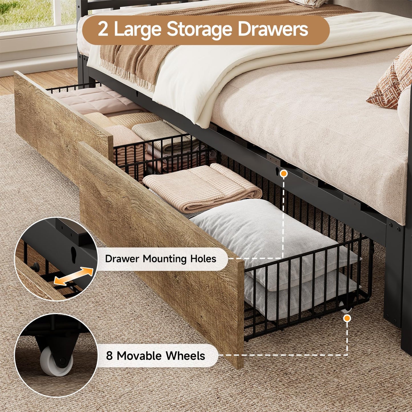 Convertible Daybed with Trundle, Twin to King Sofa Bed with Storage Drawers, Day Beds with Pop up Trundle, Upholstered Headboard & Power Outlet, Metal Platform Frame for Living Room, Guest Room, Black