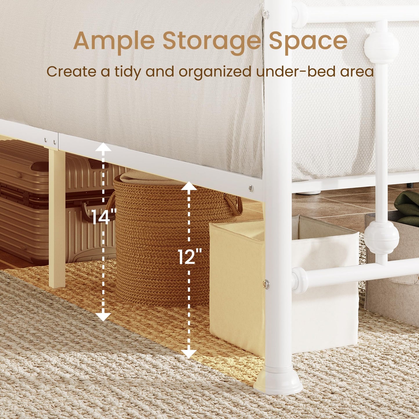 SHA CERLIN King Metal Bed Frame, Victorian Style Platform Bed with Curved Headboard and Classic Footboard, No Box Spring Needed, White