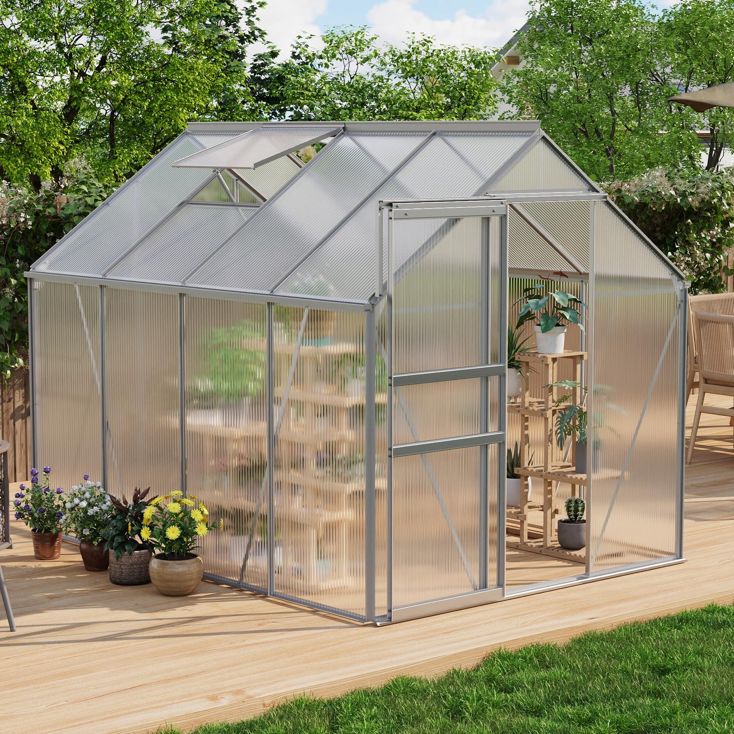 IDEALHOUSE 6 x 8FT Greenhouse for Outside, Polycarbonate Greenhouses with Aluminum Frame, Sliding Door, Adjustable Roof Vent for Backyard, Outdoor Green Houses Garden Backyard, Patio