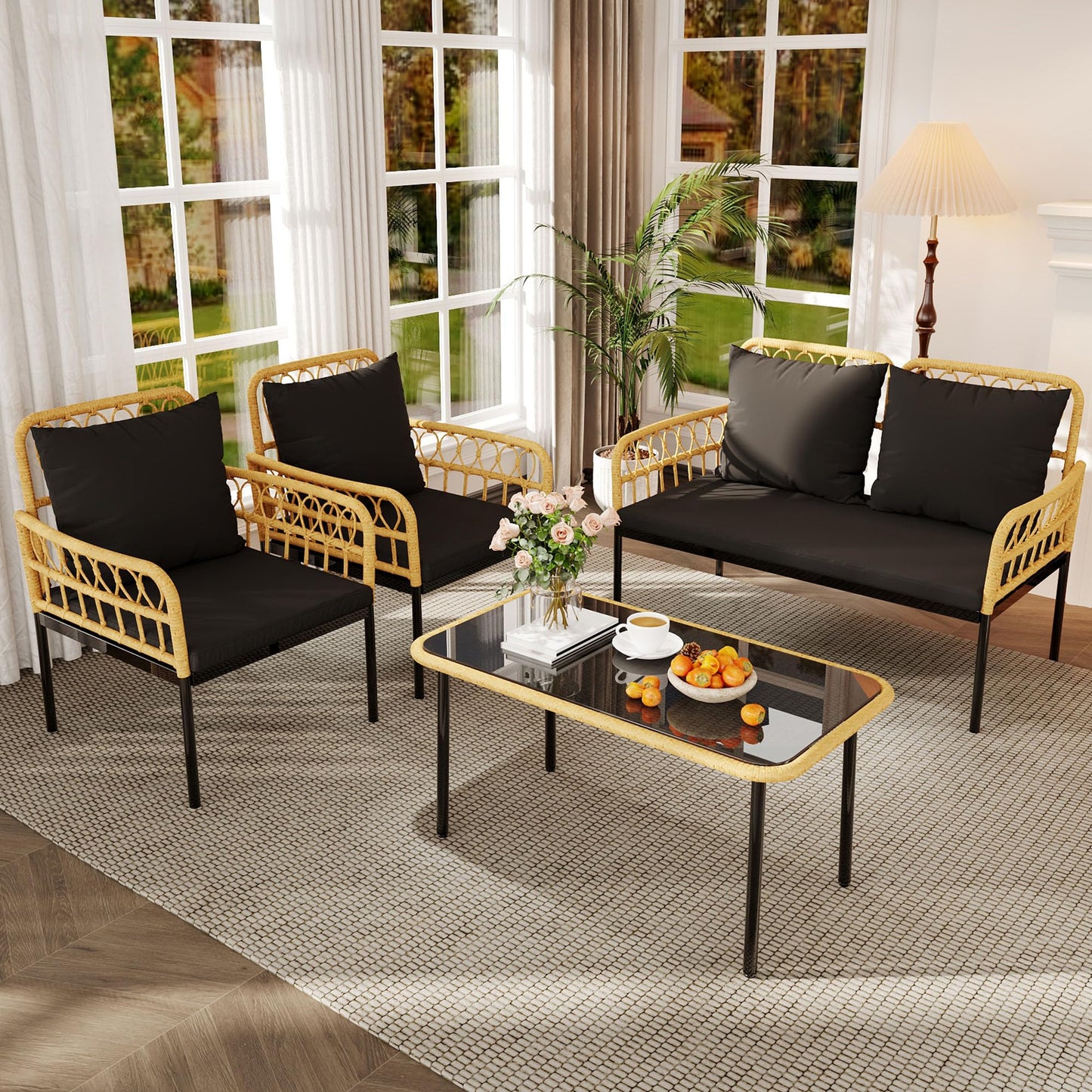 GarveeLife 4 Pieces Patio Furniture Sets Wicker Outdoor Patio Table and Chairs Set with Glass Side Table, Loveseat Chairs, Boho Rattan Conversation Sets for Apartment, Bistro, Backyard, Porch, Black