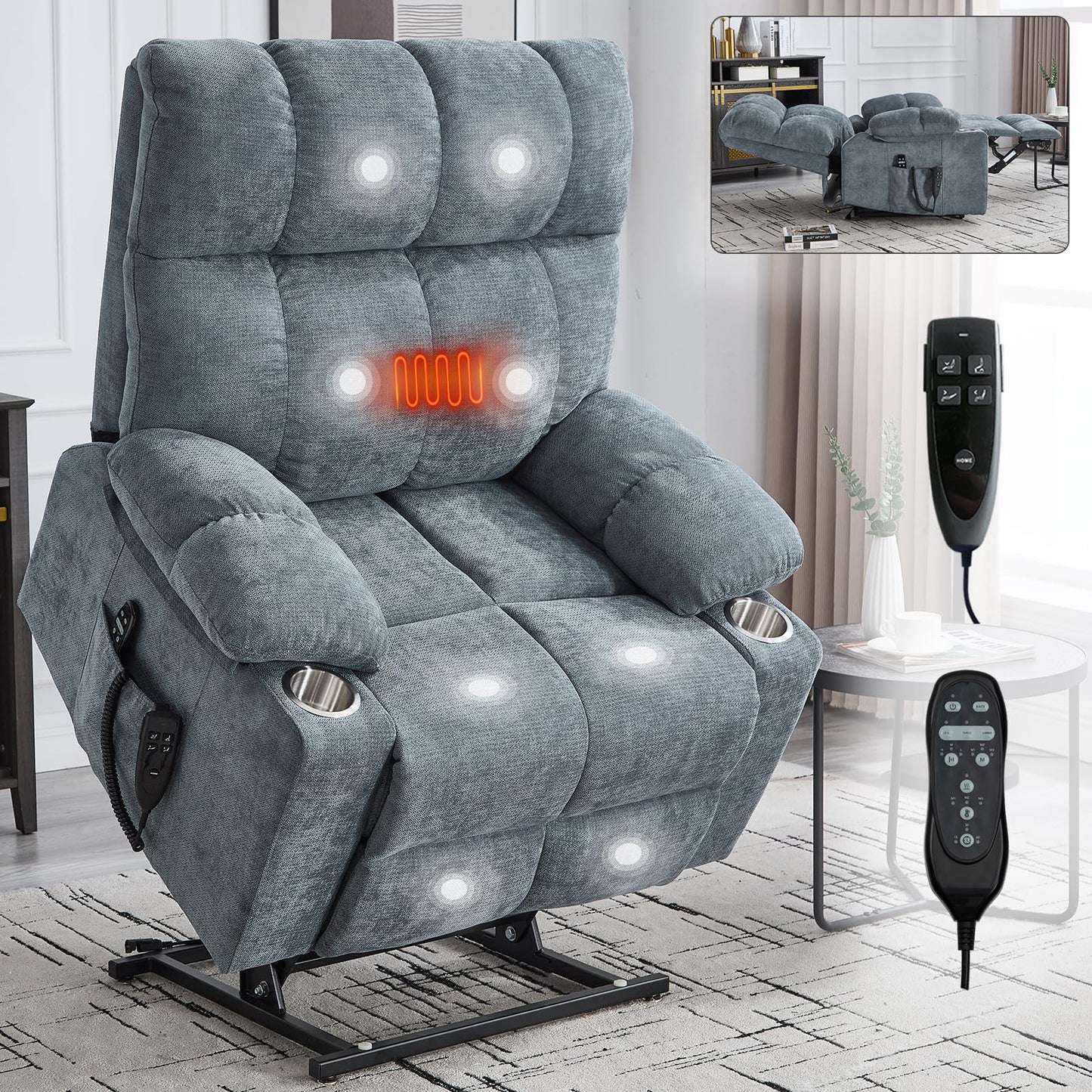 Dual Motor Power Lift Recliner Chair with Heat and Massage, Infinite Position Lift Chair, Oversized Chenille Recliner with 8-Point Vibration, Cup Holders and Side Pockets for Living Room, Grey Blue