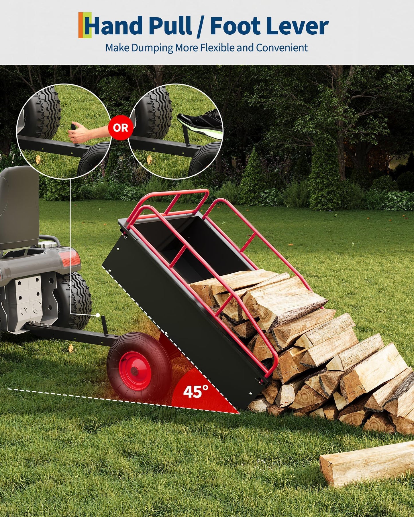 750 LBS Heavy‑Duty Dump Cart, 13.5 Cu.ft Steel Lawn Mower Trailer & Garden Trailer, Quick‑Release Dumping ATV Dump Trailer & Garden Utility Cart for Yard Work, Landscaping, Farm & Lawn Mower Towing