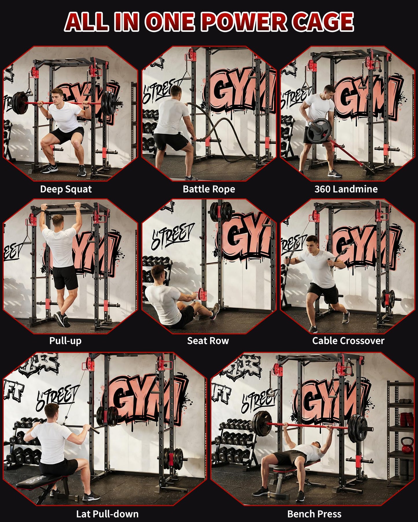 GarveeLife Power Cage with Dual Pulley System, 1600LB Multi-Function Squat Rack with Cable Crossover & LAT Pull Down, All-in-One Home Gym Strength Training Cage for Full Body Workout, Red Black