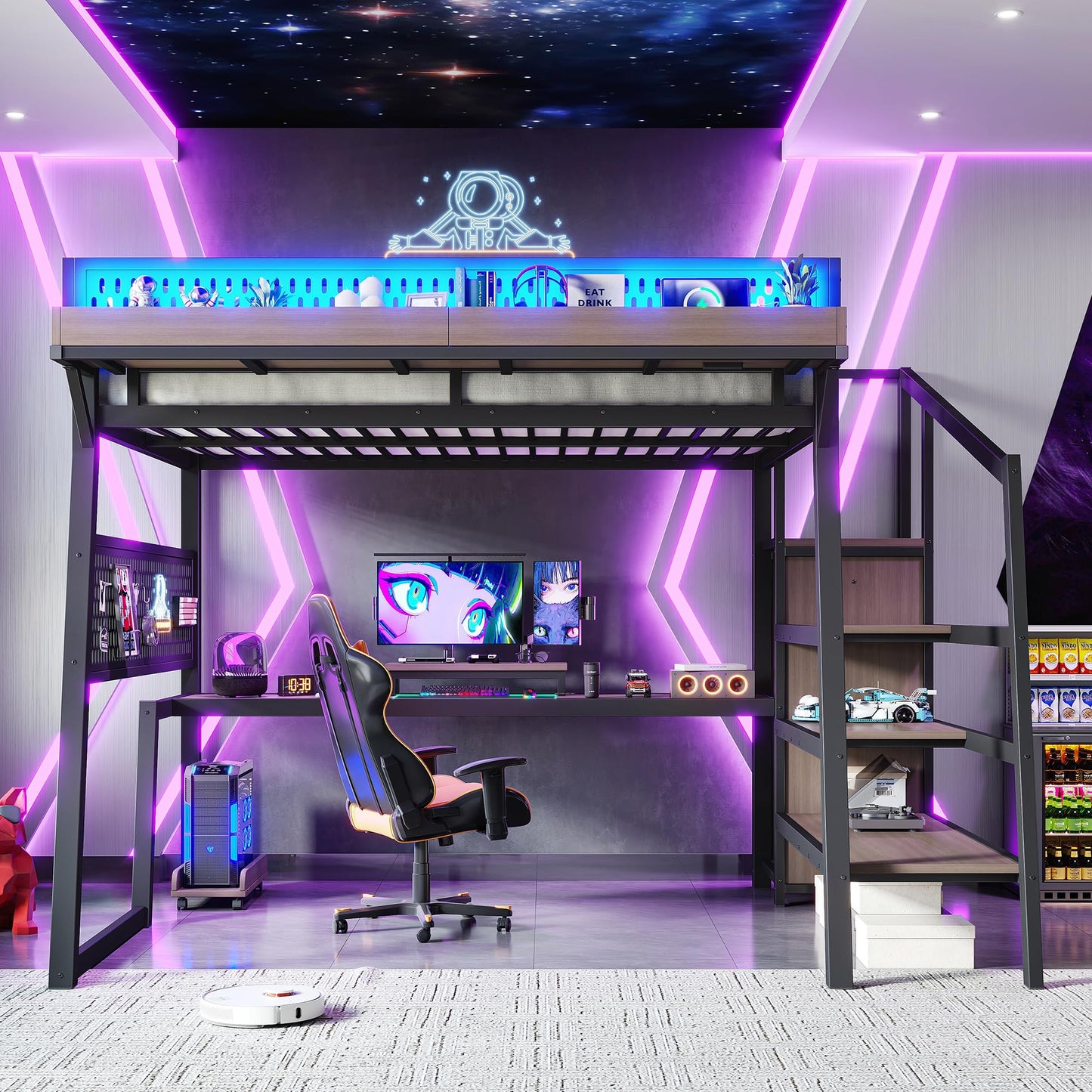KEIKI Full Loft Bed with Storage Stairs, Metal Shelves Gaming Loft Bed Frame with USB Ports, LED Lights, Pegboard, Built-in Wardrobe, Noise-Reduced Design, Black