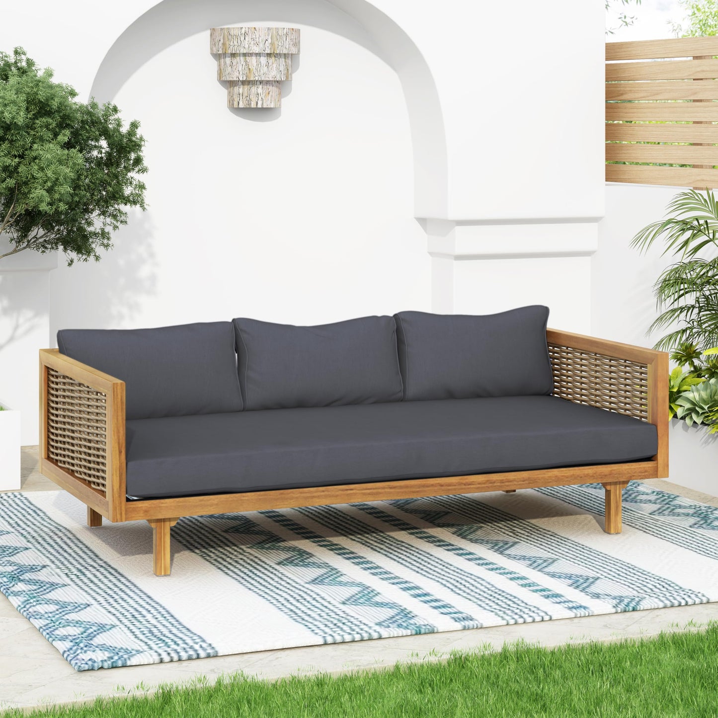 Christopher Knight Home Claremont Patio Sofa and Coffee Table Set, 2 Piece Wicker Patio Furniture Set, Acacia Wood 3 Seater Outdoor Sofa Daybed and Coffee Table Set, Teak+Dark Grey