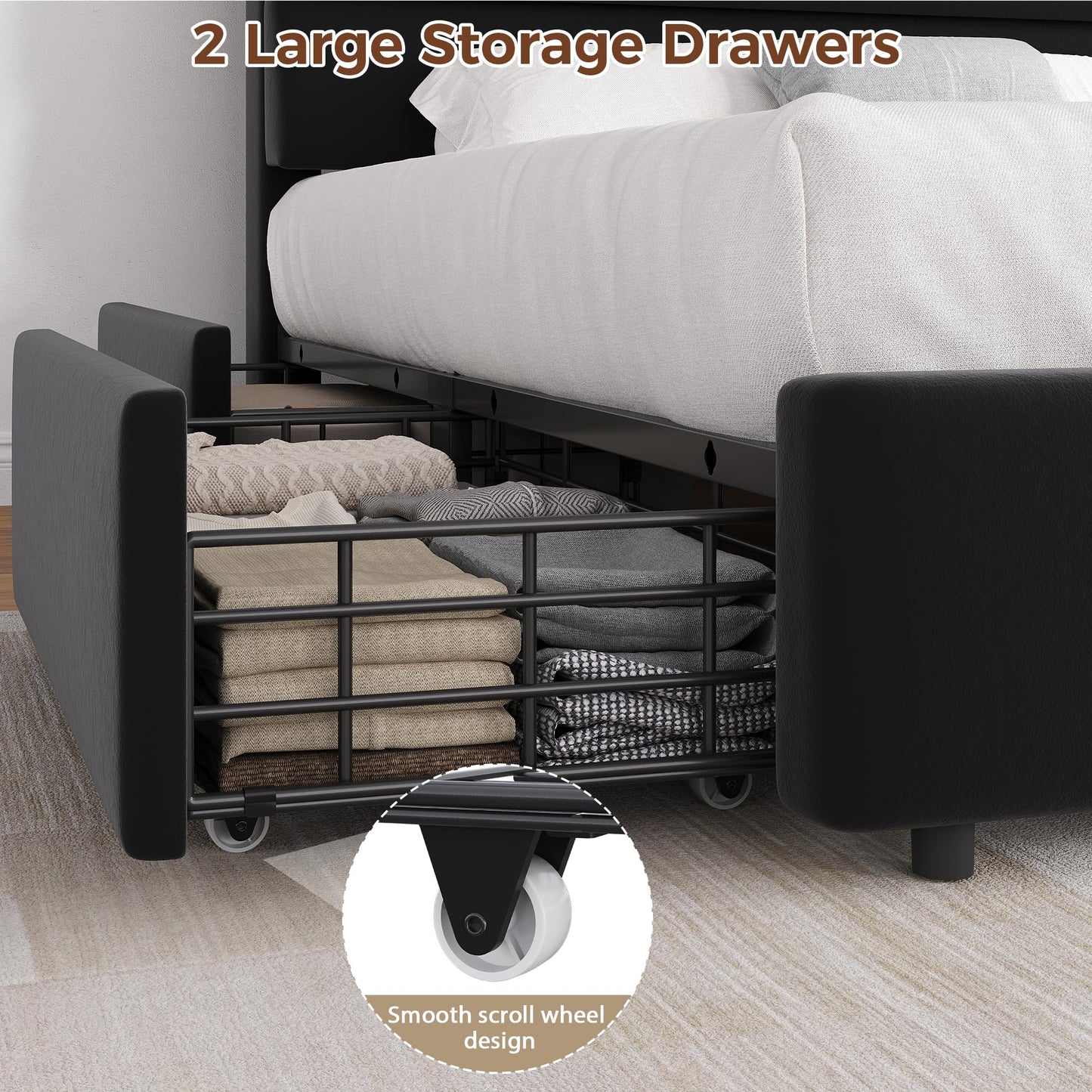 Jocoevol Full Size Bed Frame with 2 Storage Drawers and Headboard Shelf, Velvet Upholstered Platform Bed with LED Lights & Charging Station, Wooden Slats Support, No Box Spring Needed, Black