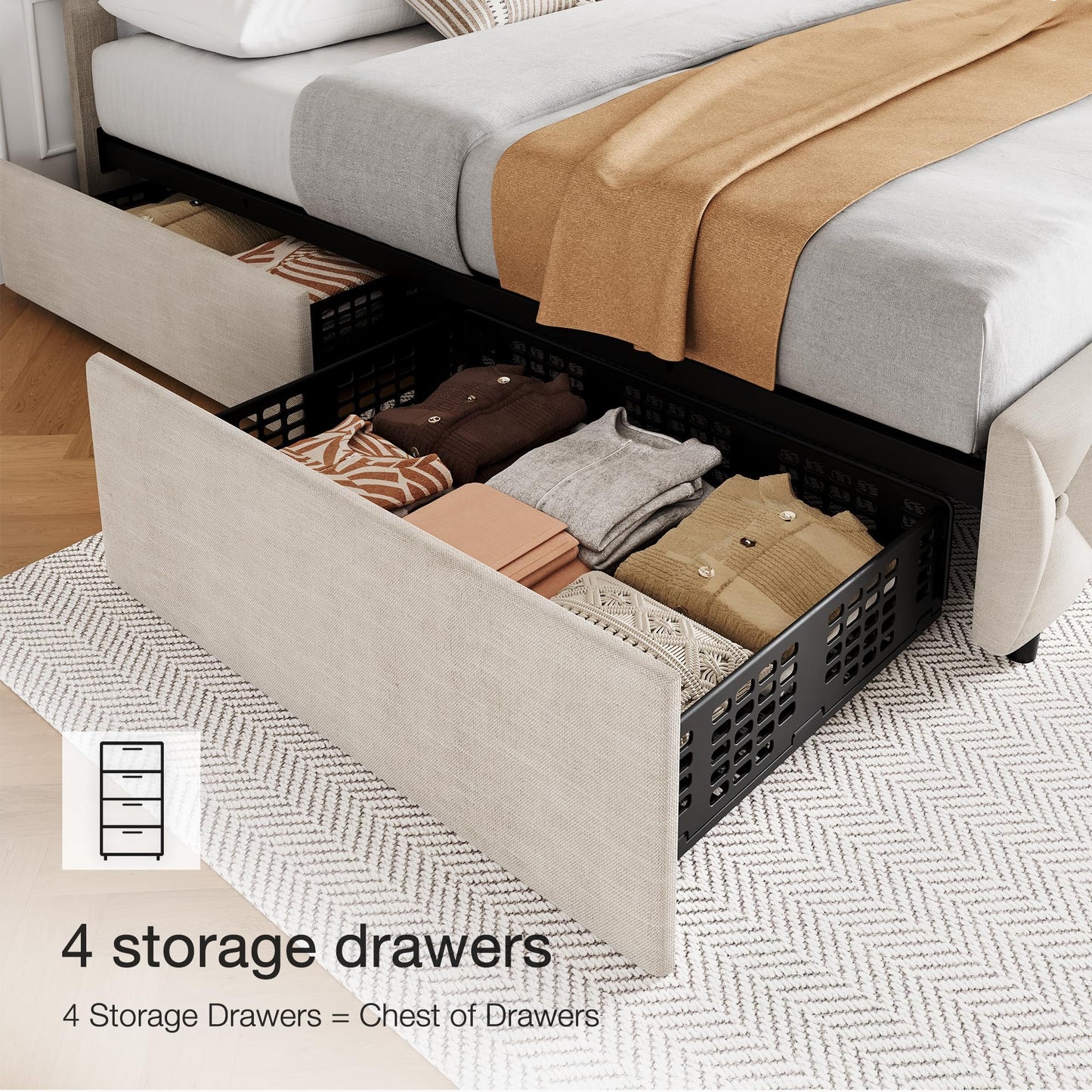 IDEALHOUSE Full Size Bed Frame with 4 Drawers, Upholstered Platform Bed Frame with Headboard, Wooden Slat, No Box Spring Need, Beige