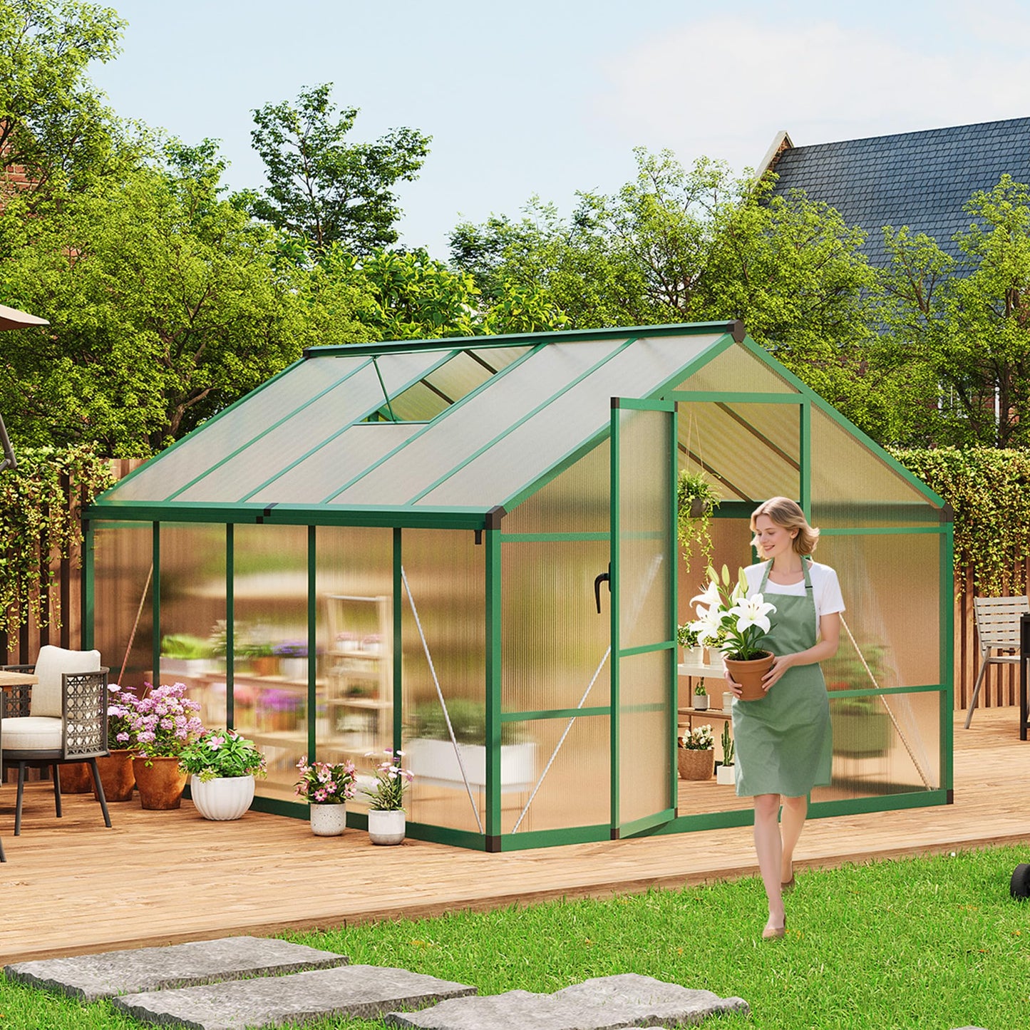 8x10 Ft Outdoor Greenhouses, Greenhouse Kit, Portablee Greenhouses with Ground Nails and Vent Windows, Sliding Lockable Door, Polycarbonate Green House for Outside Garden Backyard, Green